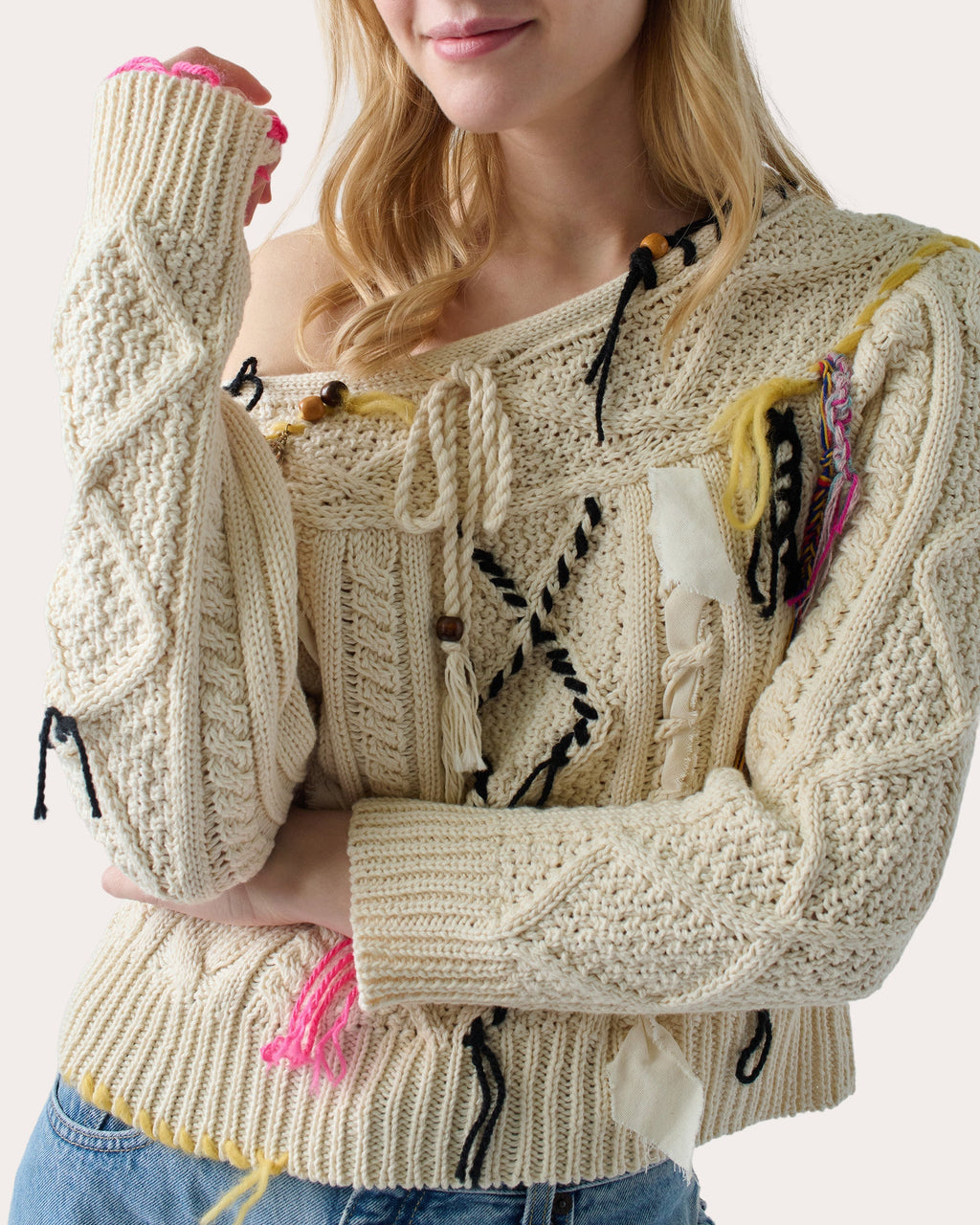Vaggelis Appliquéd Cable-Knit Cotton Sweater