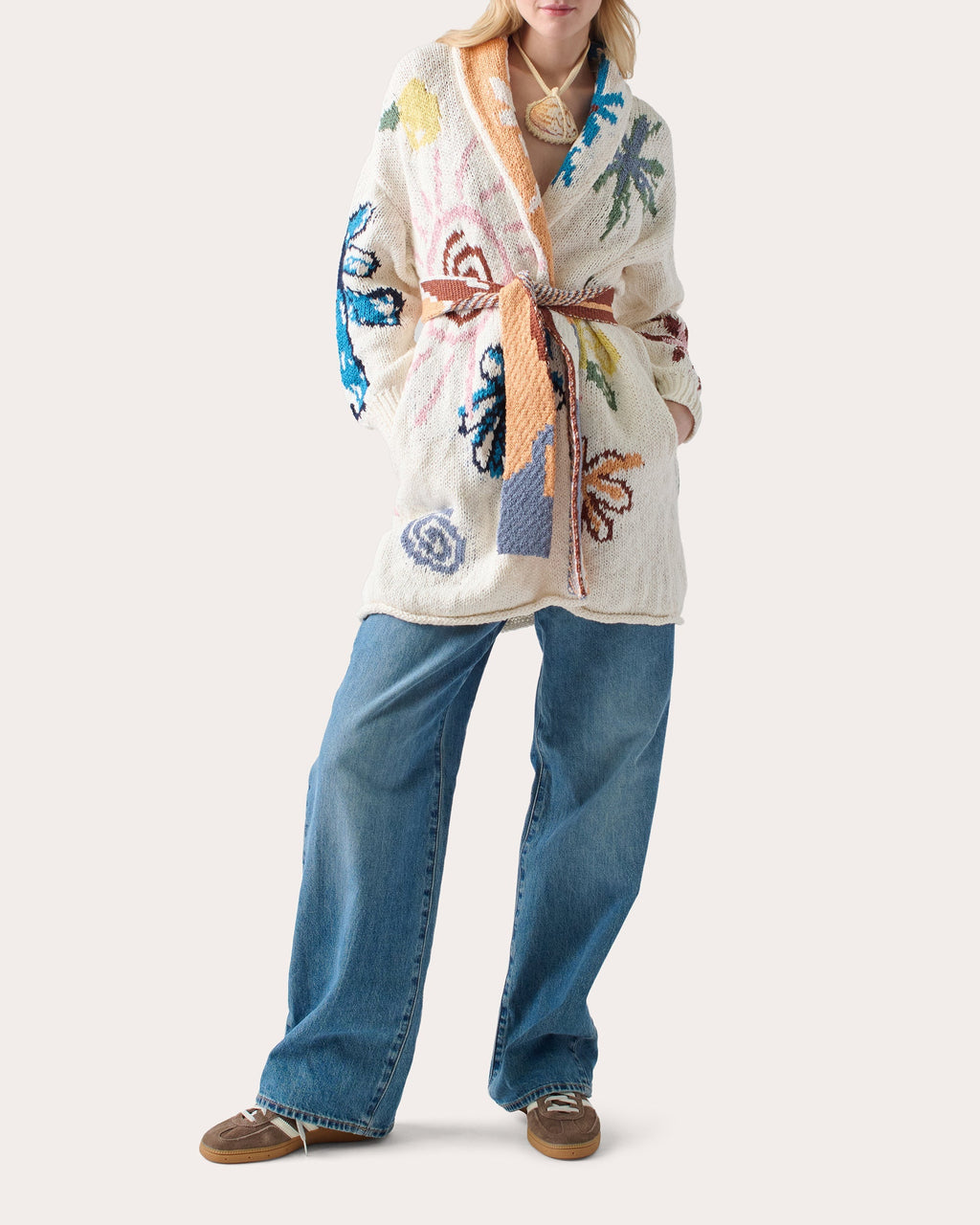 Benetos Belted Floral Cotton Knit Cardigan