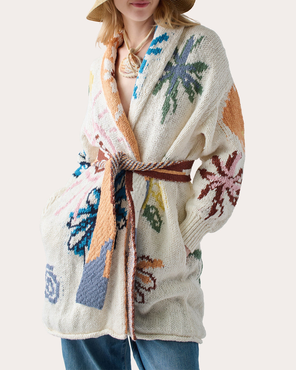 Benetos Belted Floral Cotton Knit Cardigan