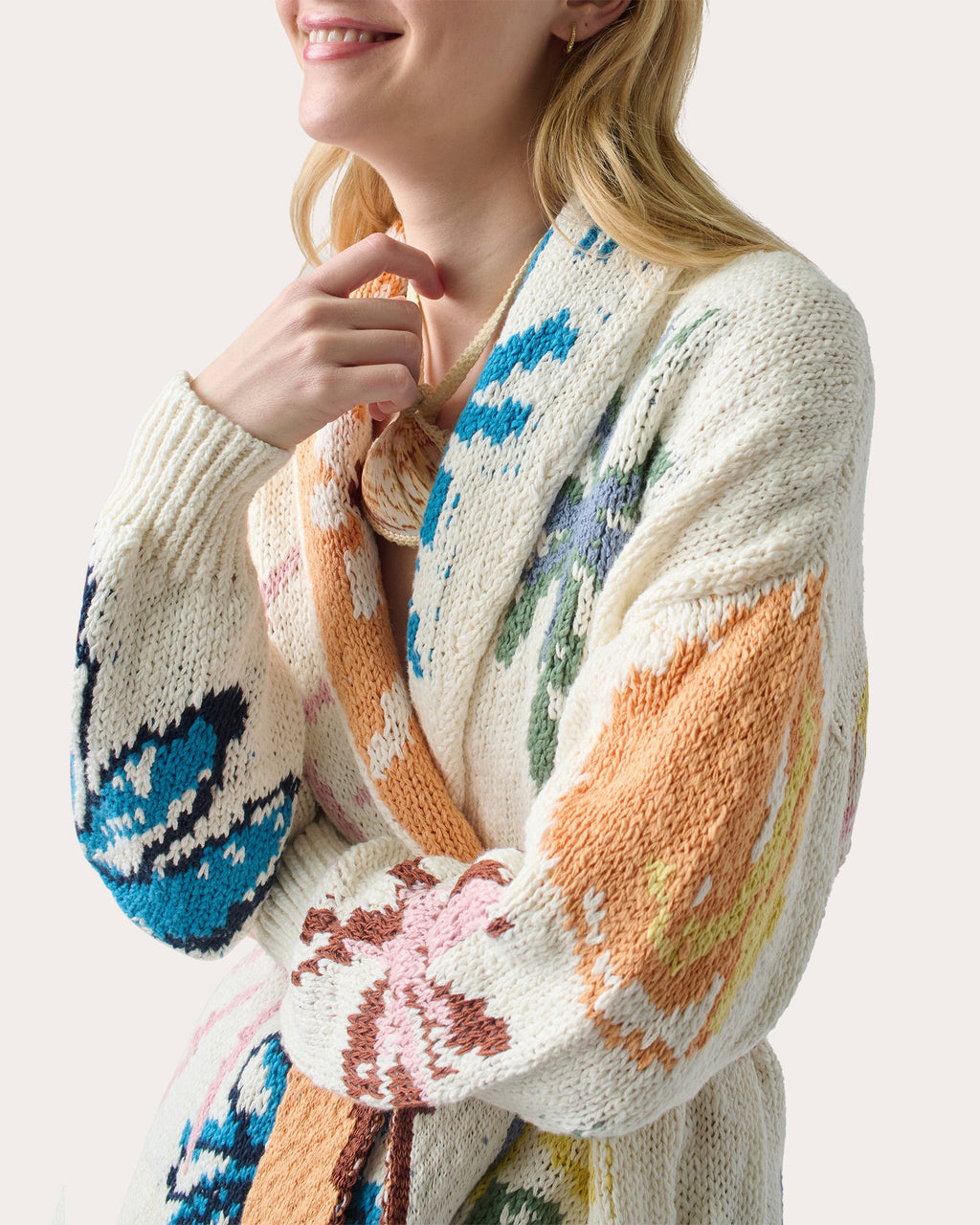 Benetos Belted Floral Cotton Knit Cardigan