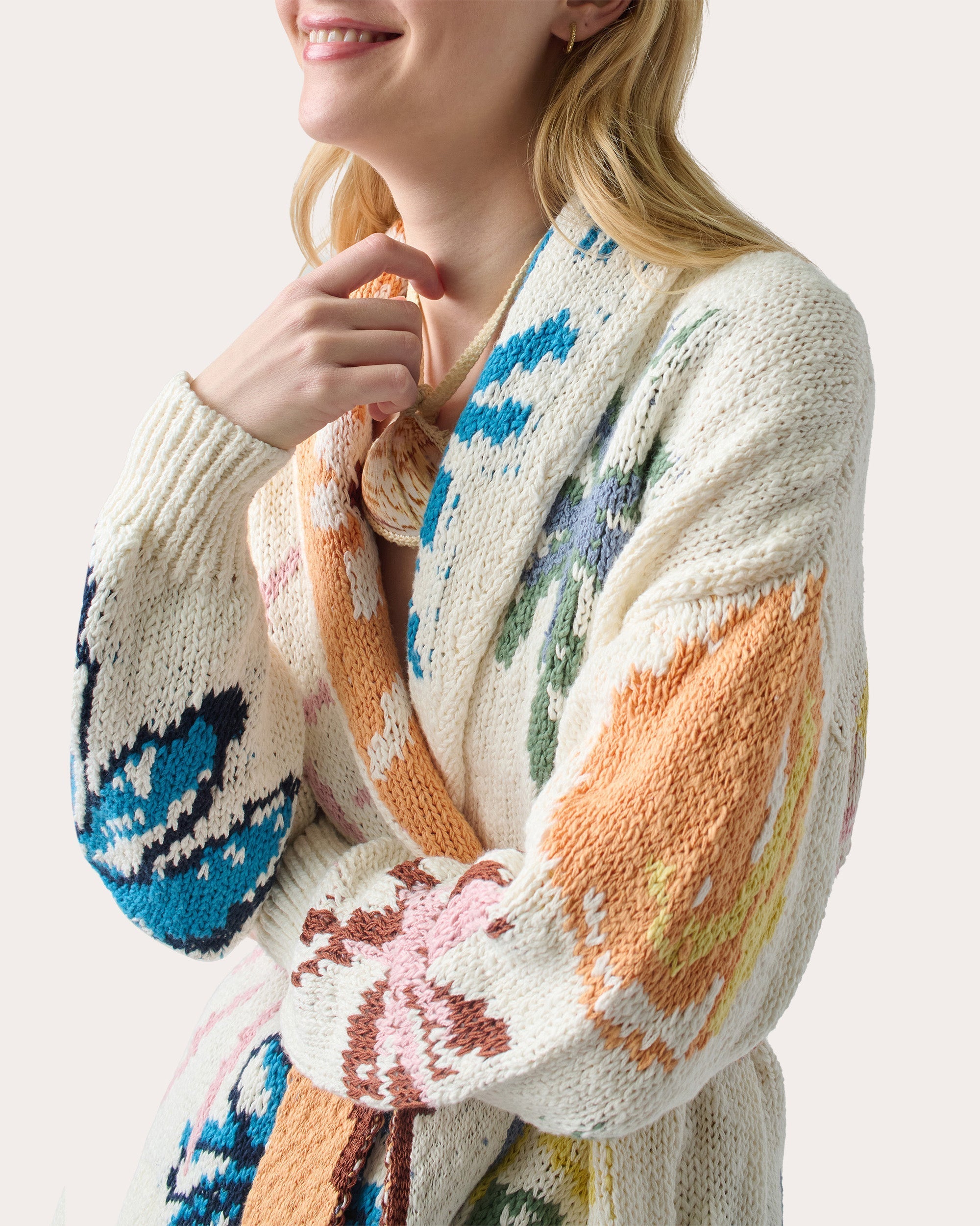 Benetos Belted Floral Cotton Knit Cardigan