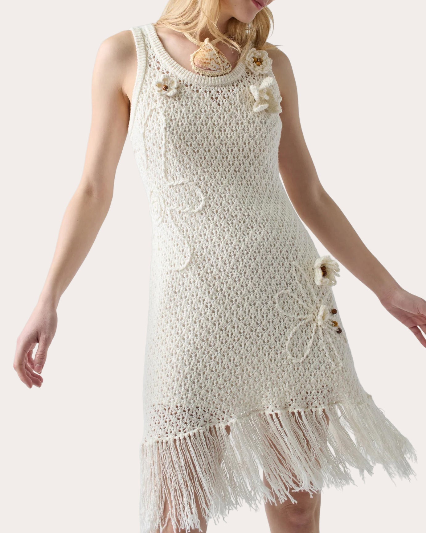 Karla Fringed Appliquéd Crochet-Knit Mini Dress