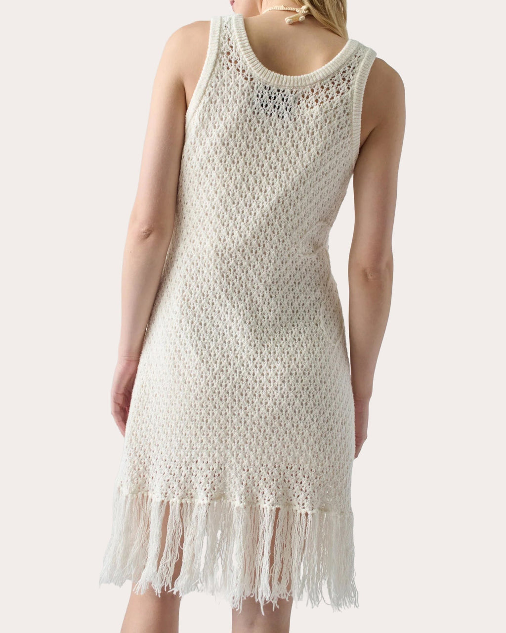 Karla Fringed Appliquéd Crochet-Knit Mini Dress
