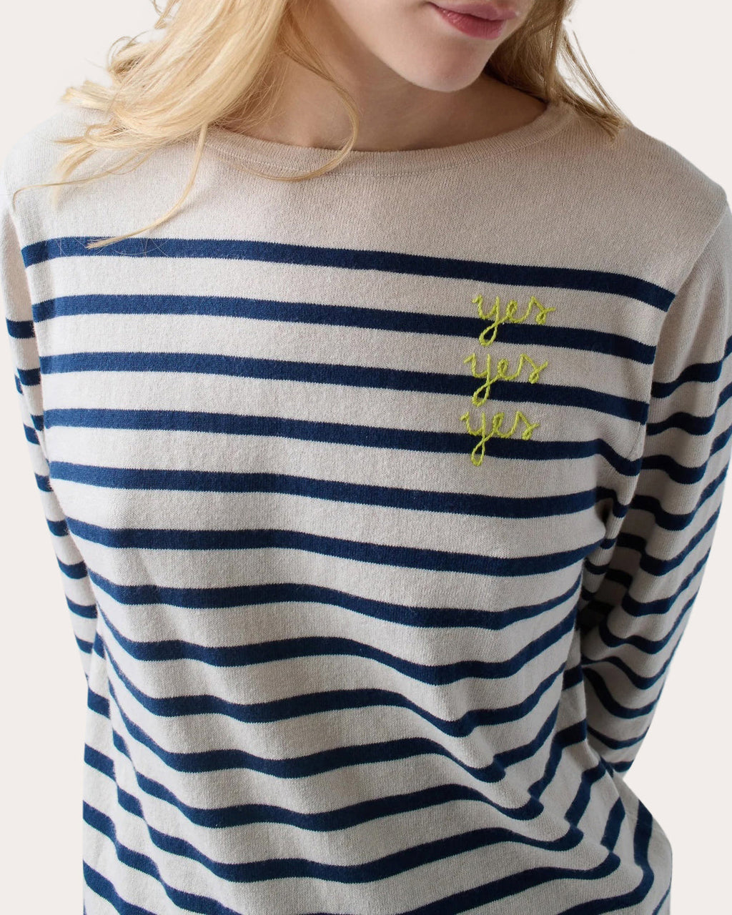 "Yes Yes Yes" Striped Embroidered Cotton-Blend Sweater