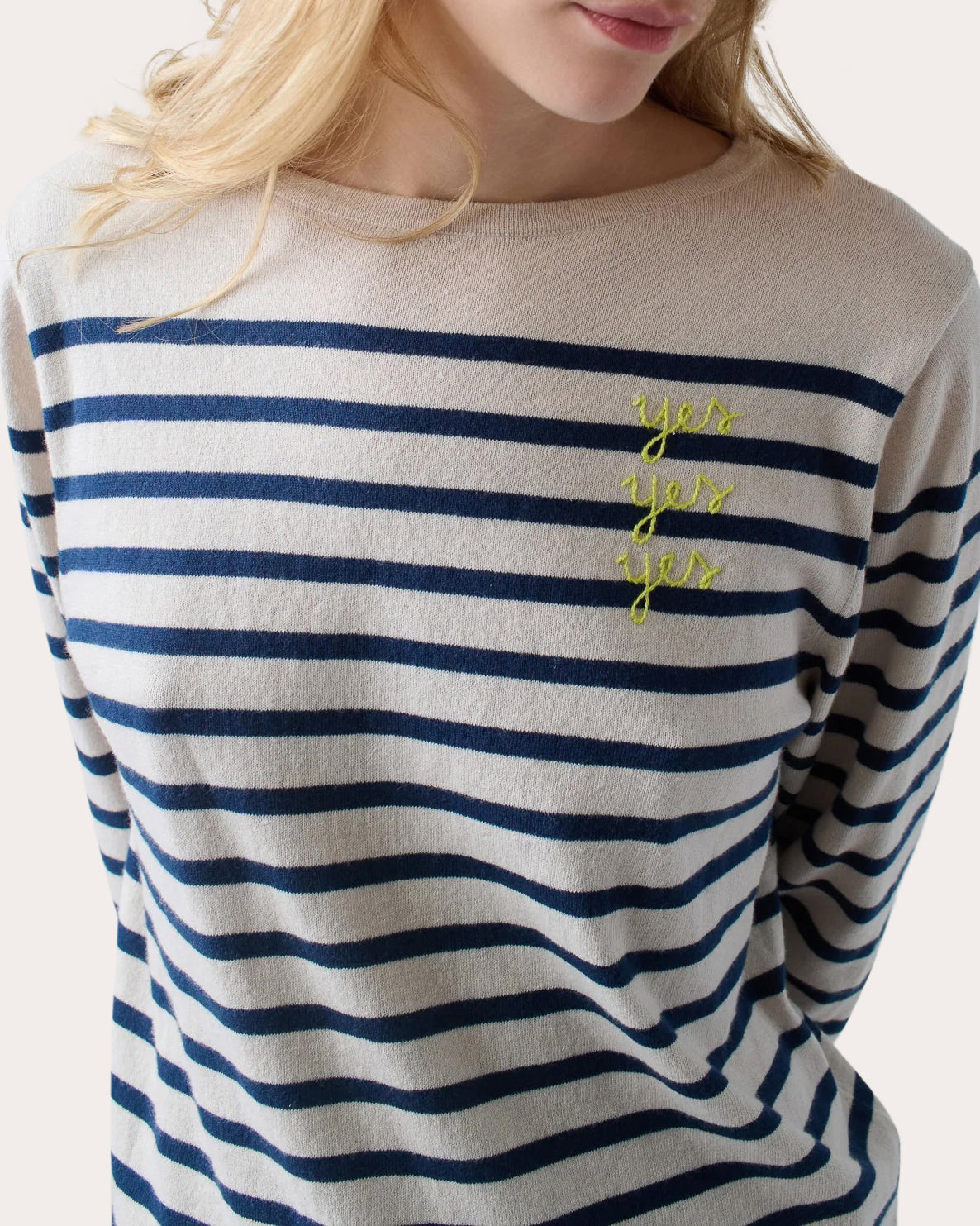 "Yes Yes Yes" Striped Embroidered Cotton-Blend Sweater