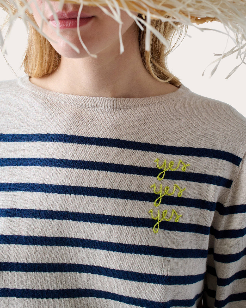 "Yes Yes Yes" Striped Embroidered Cotton-Blend Sweater