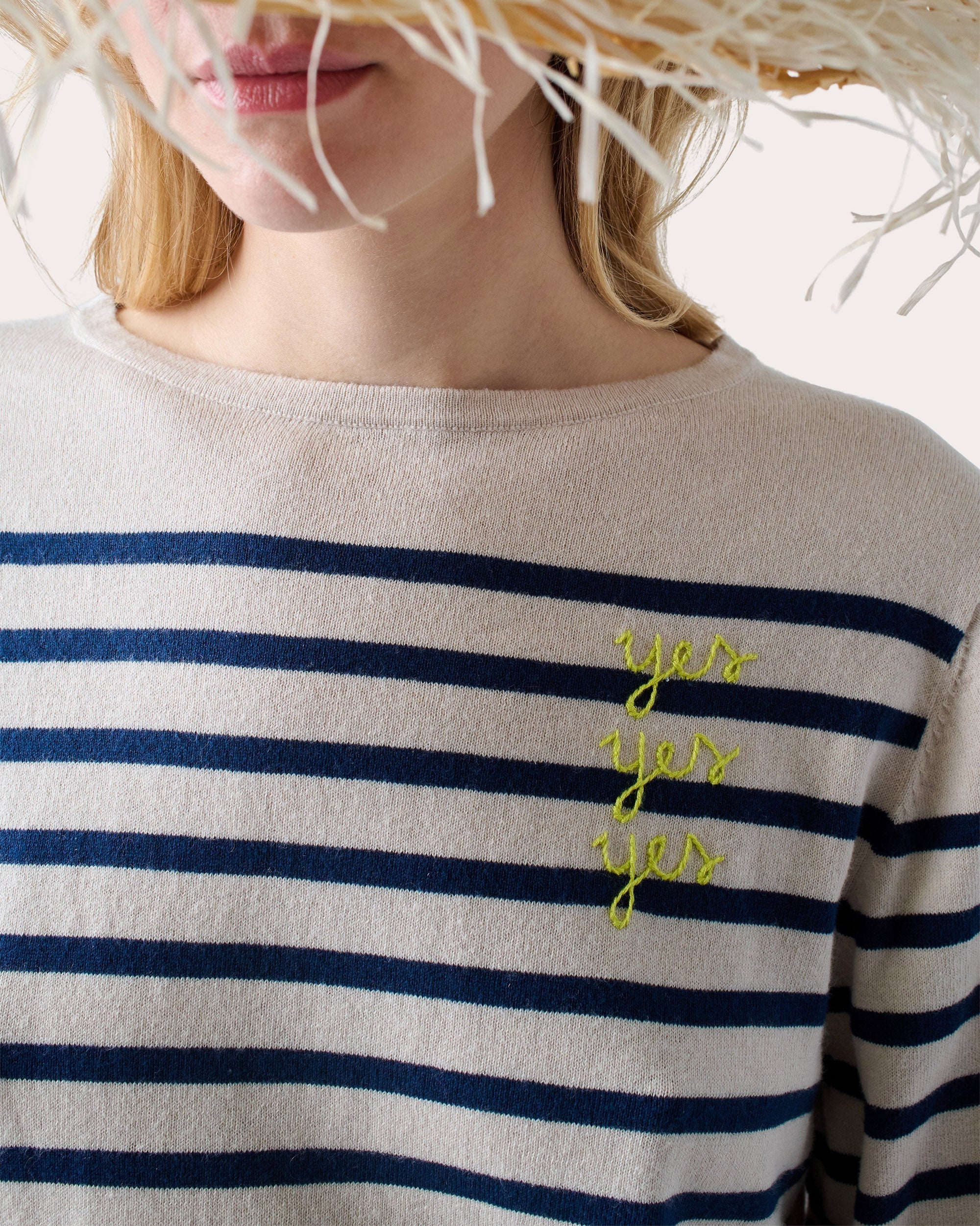 "Yes Yes Yes" Striped Embroidered Cotton-Blend Sweater