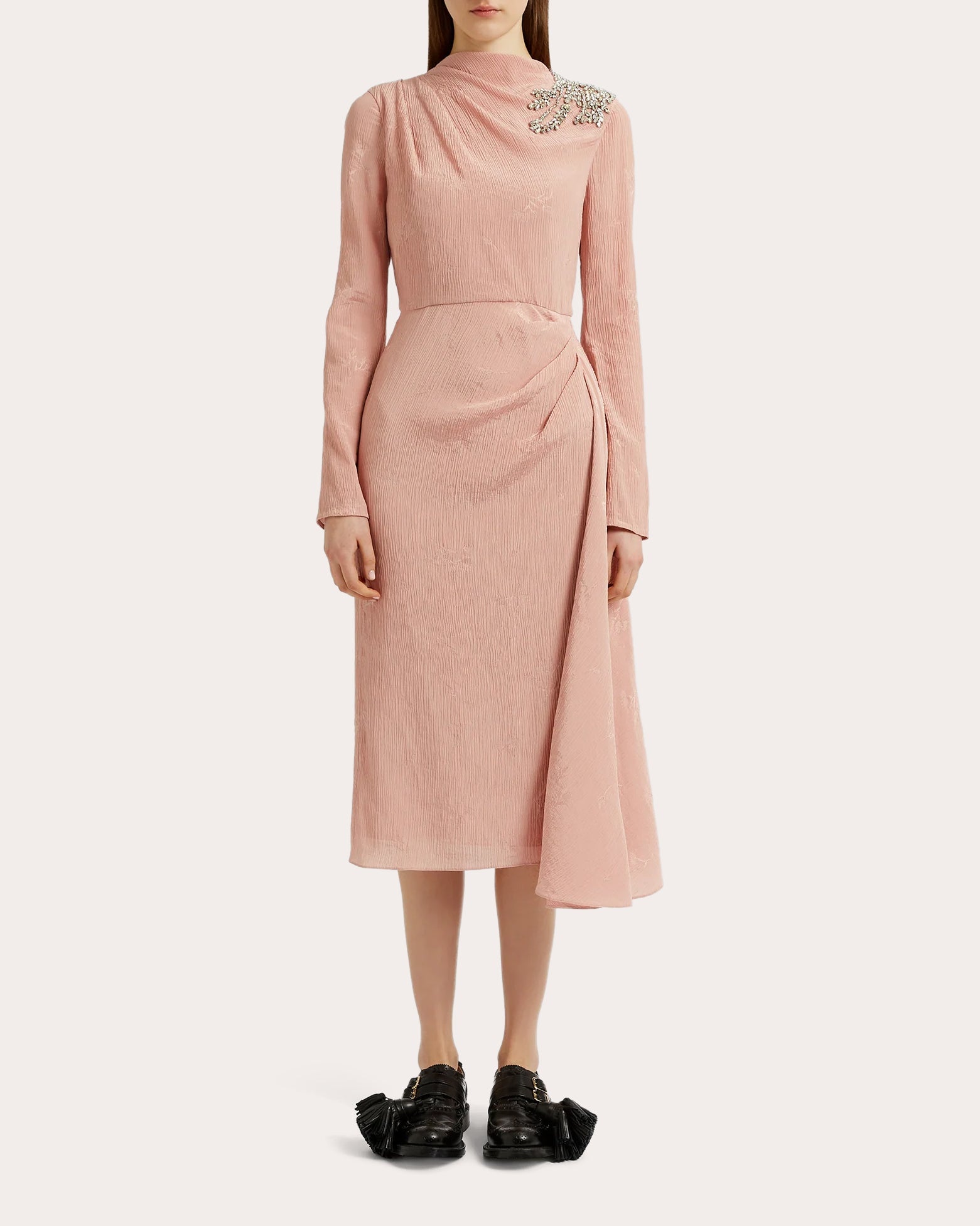 Draped Crystal-Embellished Crinkled Jacquard Midi Dress