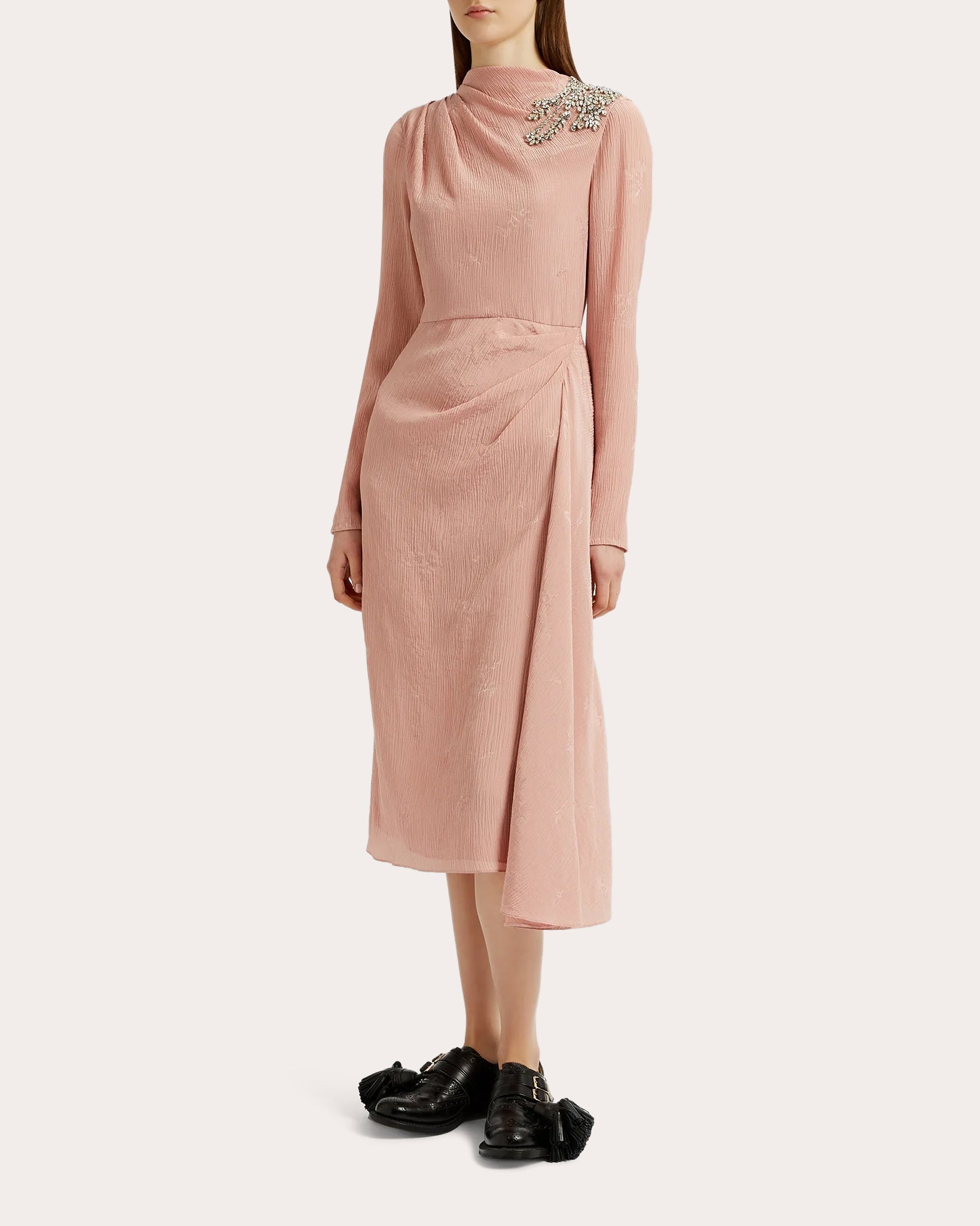 Draped Crystal-Embellished Crinkled Jacquard Midi Dress
