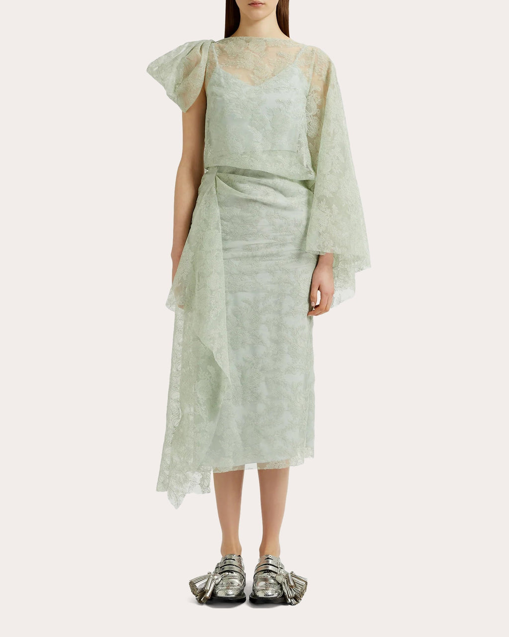 Draped Floral Embroidered Tulle Midi Dress