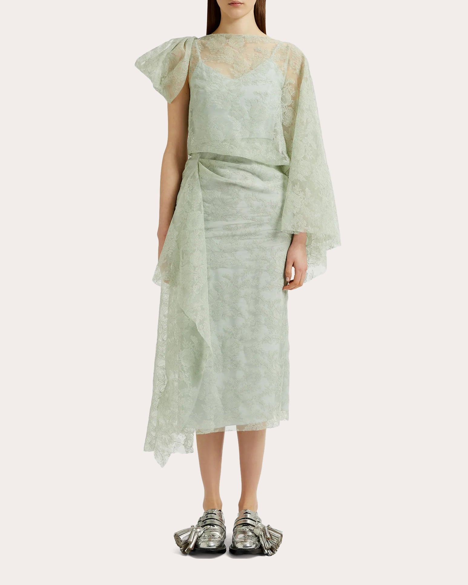 Draped Floral Embroidered Tulle Midi Dress