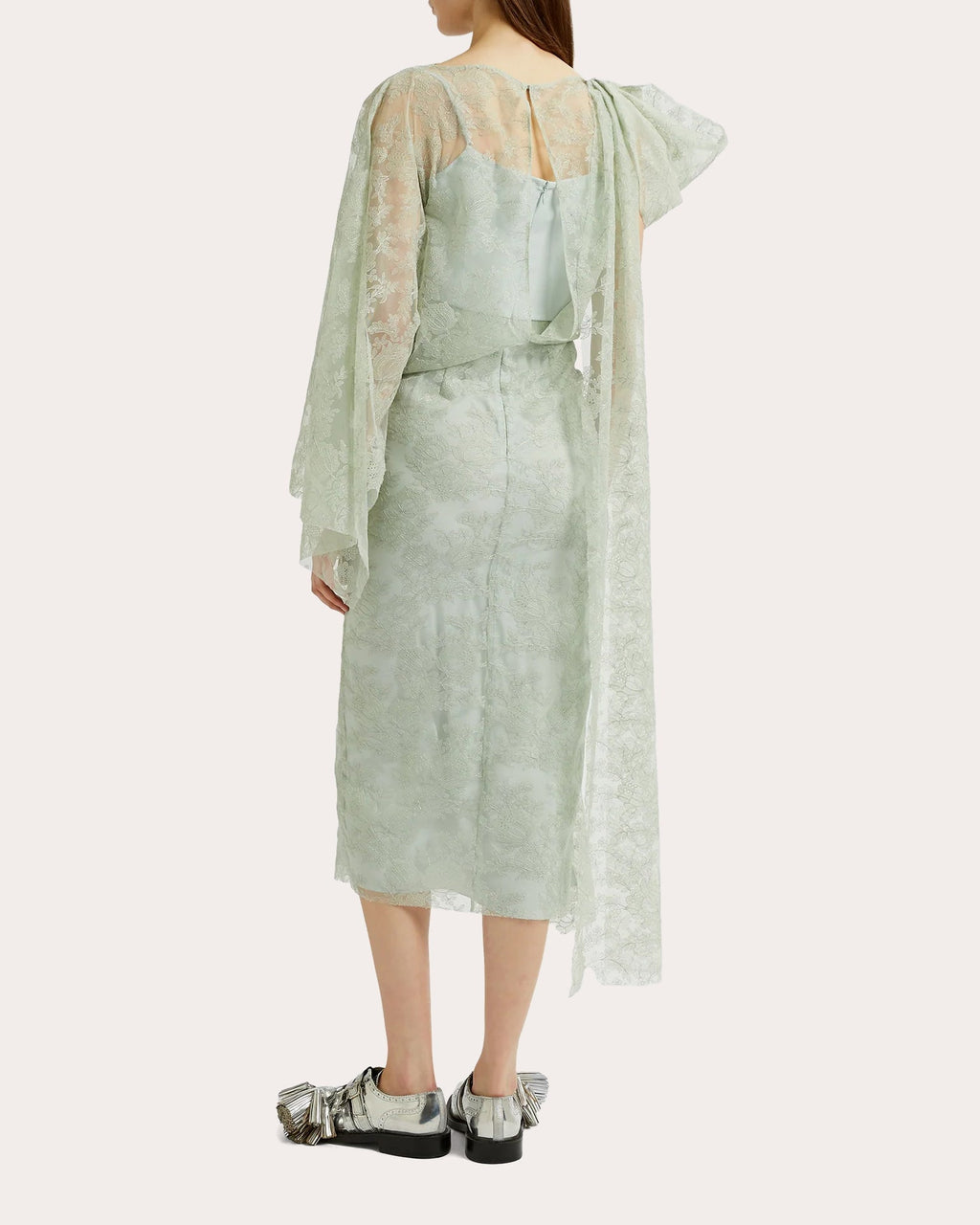 Draped Floral Embroidered Tulle Midi Dress