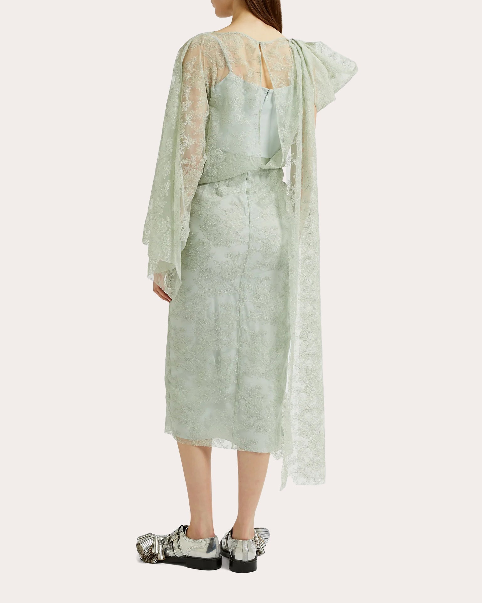 Draped Floral Embroidered Tulle Midi Dress