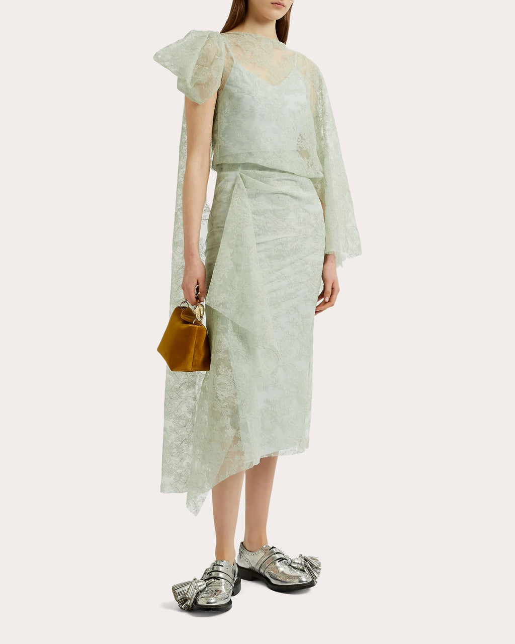 Draped Floral Embroidered Tulle Midi Dress