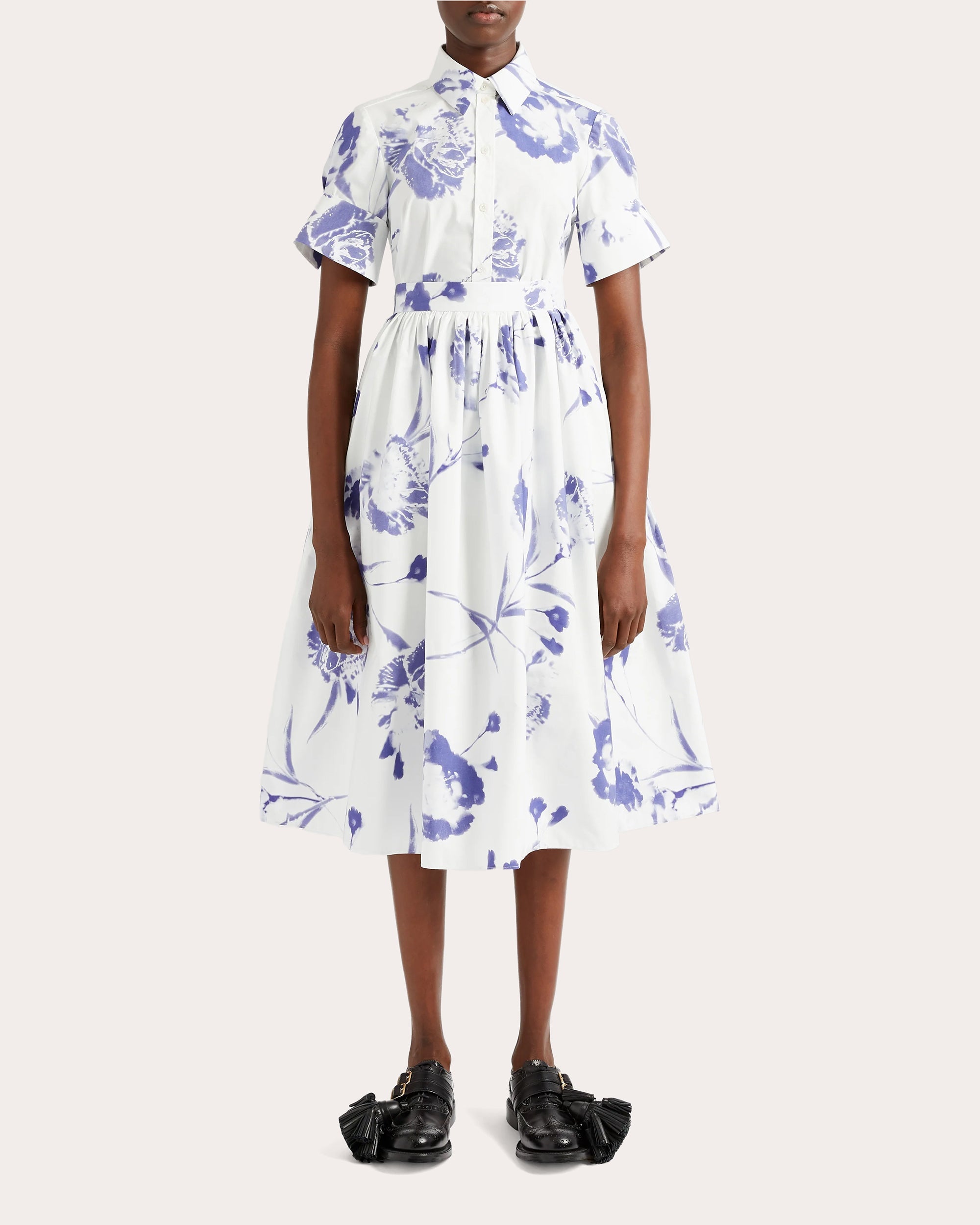 Gathered Floral-Print Cotton-Poplin Midi Skirt