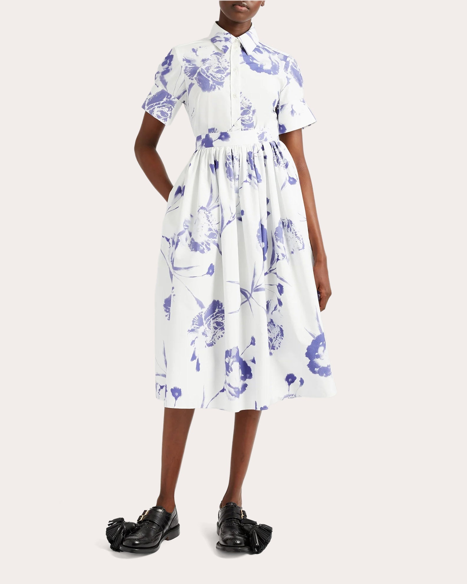 Gathered Floral-Print Cotton-Poplin Midi Skirt