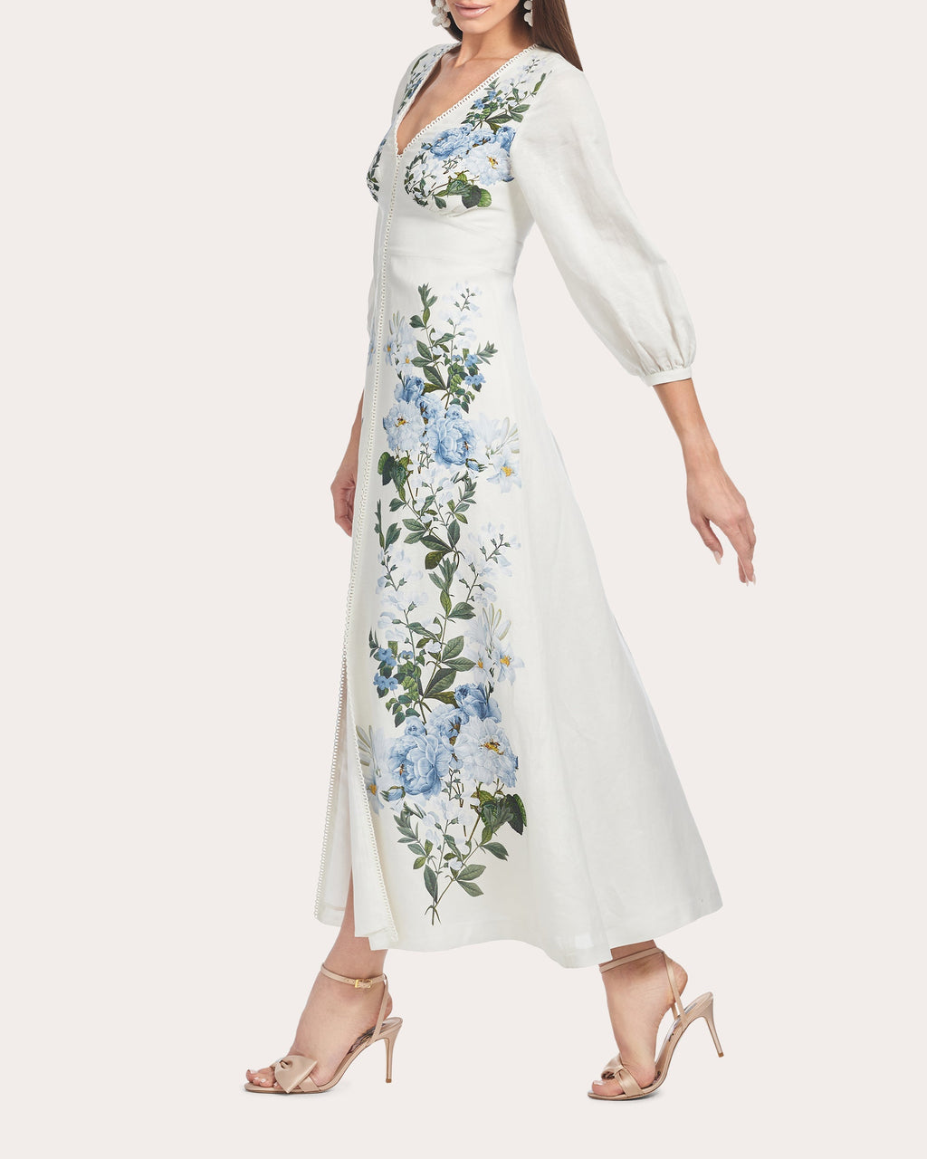 Varenna Lace Embroidered Floral Print Linen Blend Midi Dress