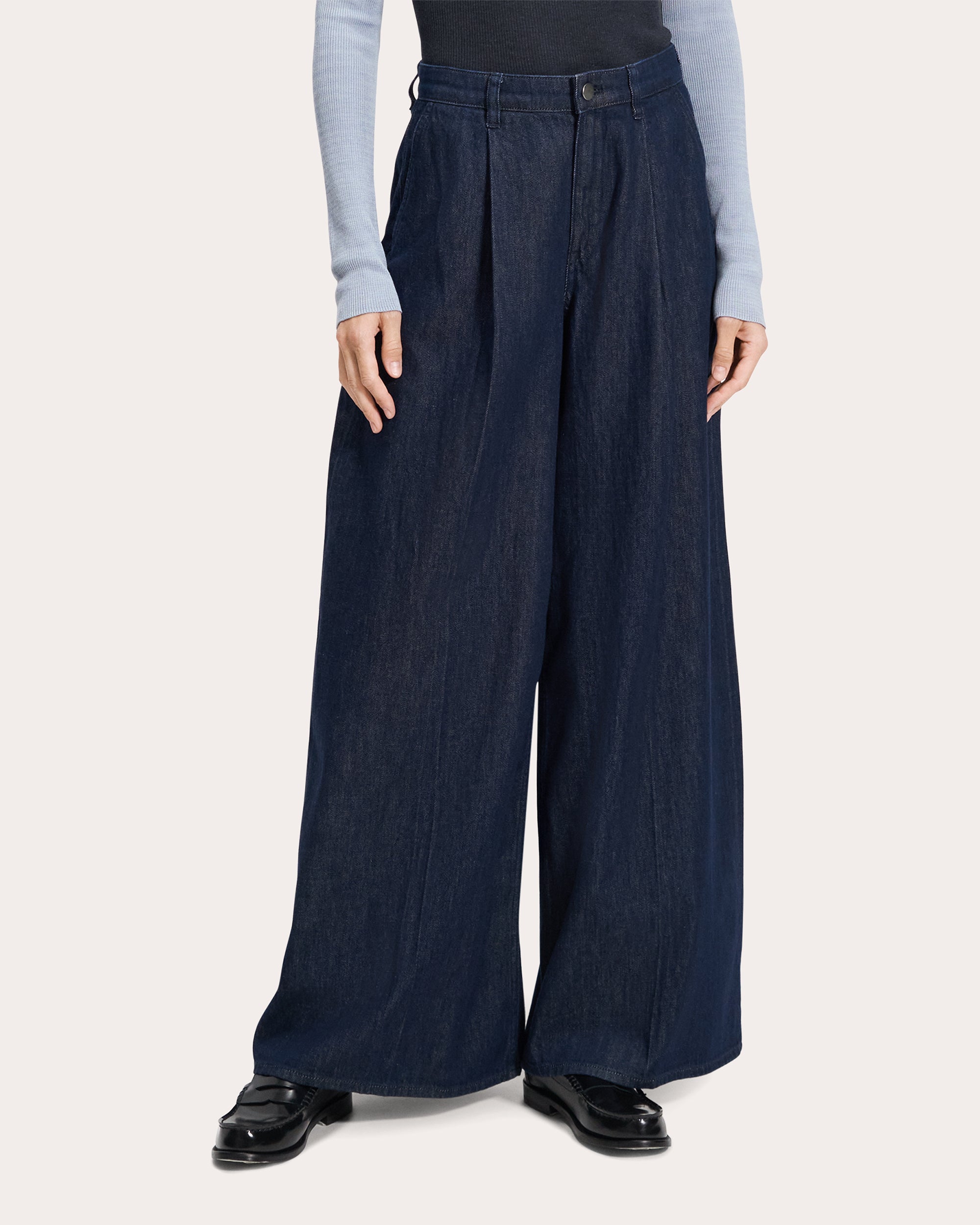 Pleated Wide-Leg Denim Pants