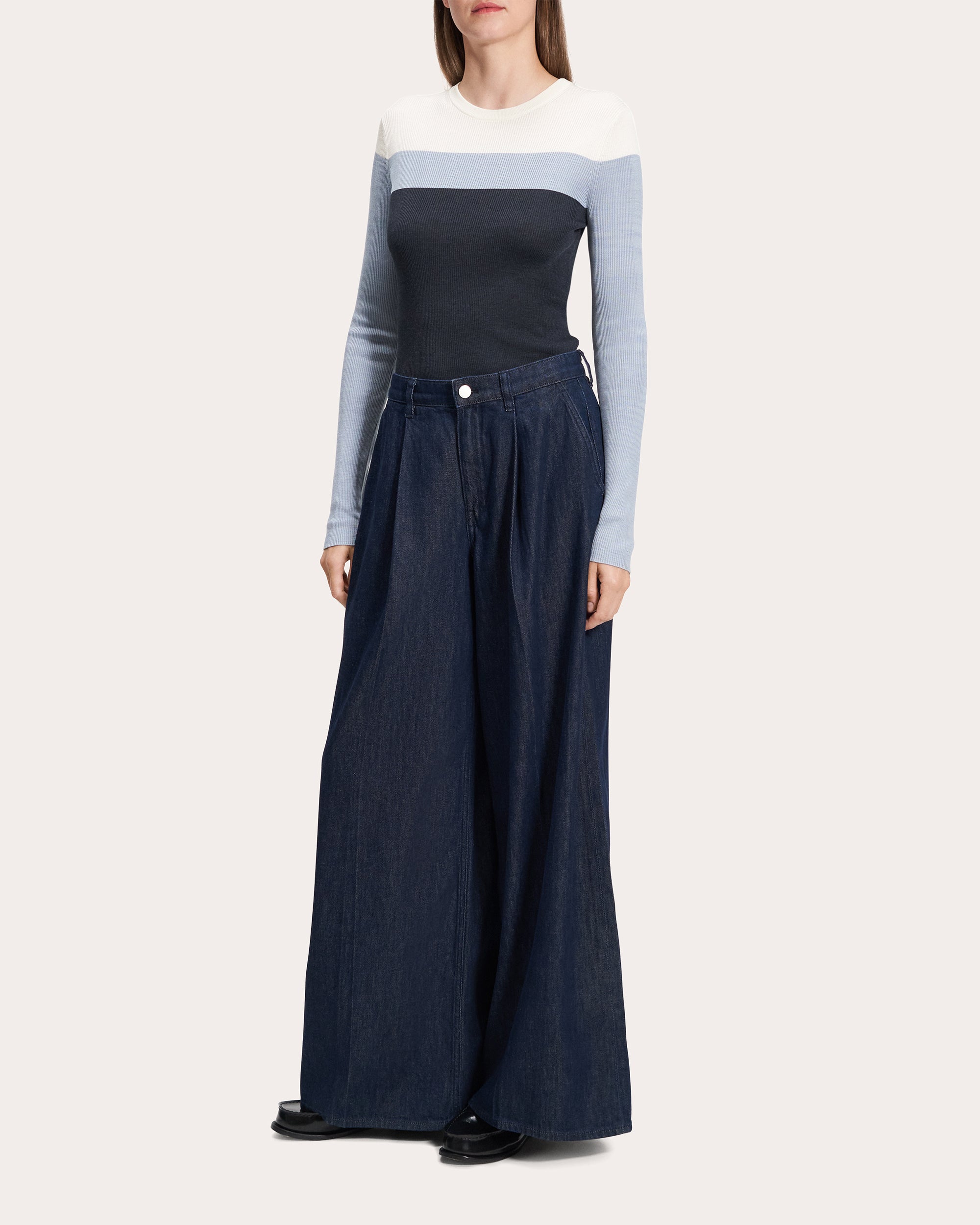 Pleated Wide-Leg Denim Pants