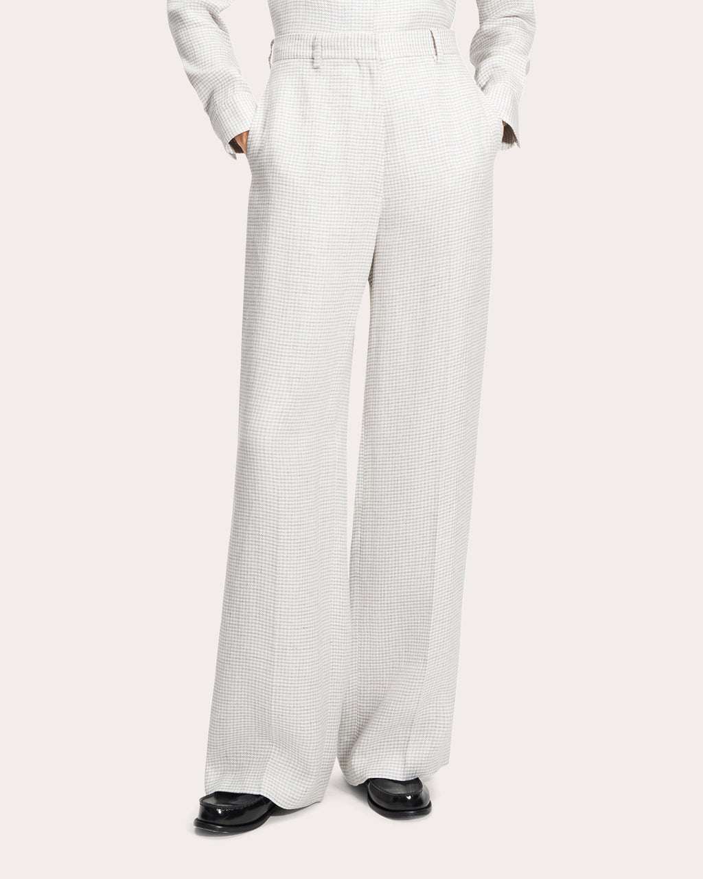 Houndstooth Linen Creased Straight-Leg Trousers