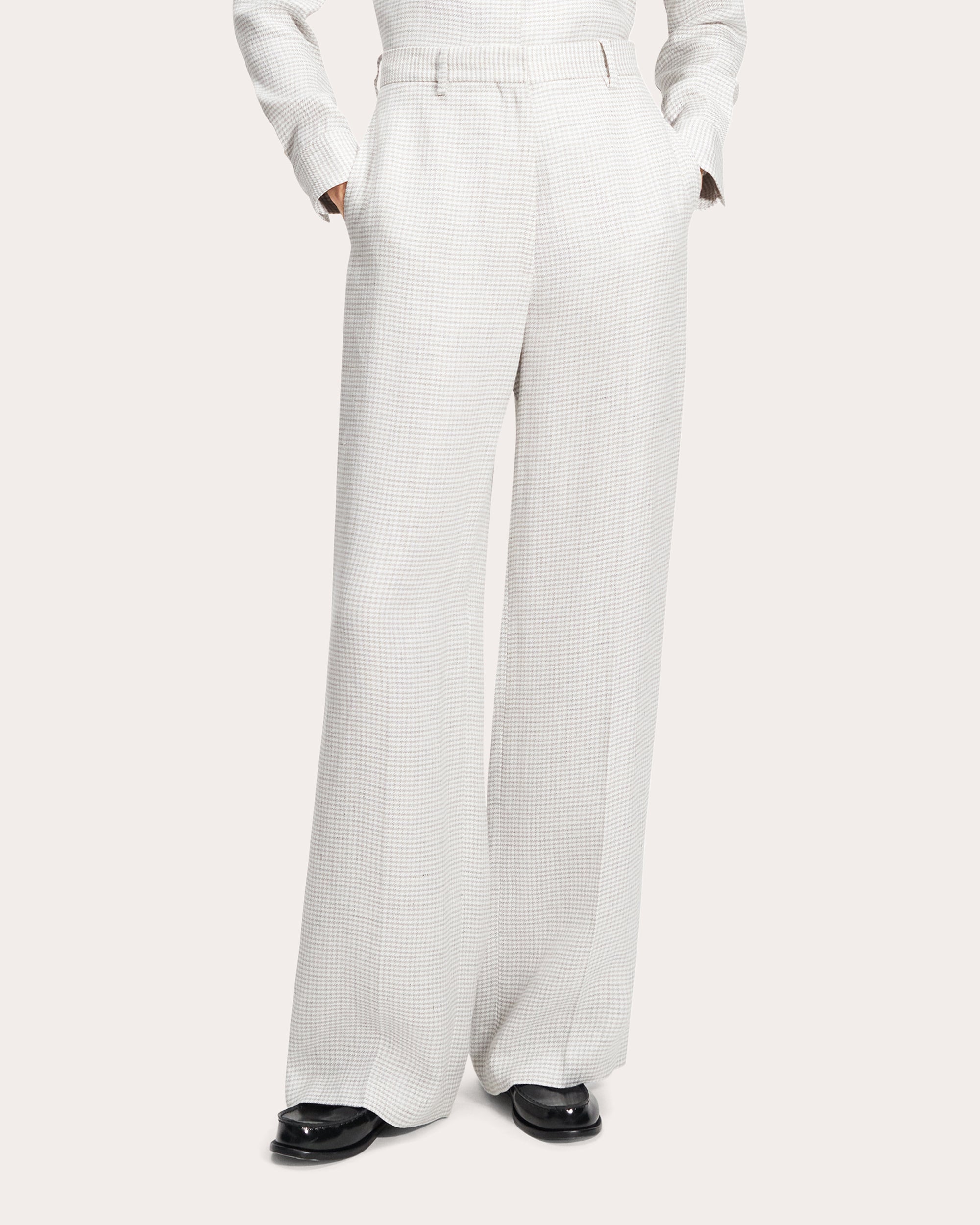 Houndstooth Linen Creased Straight-Leg Trousers