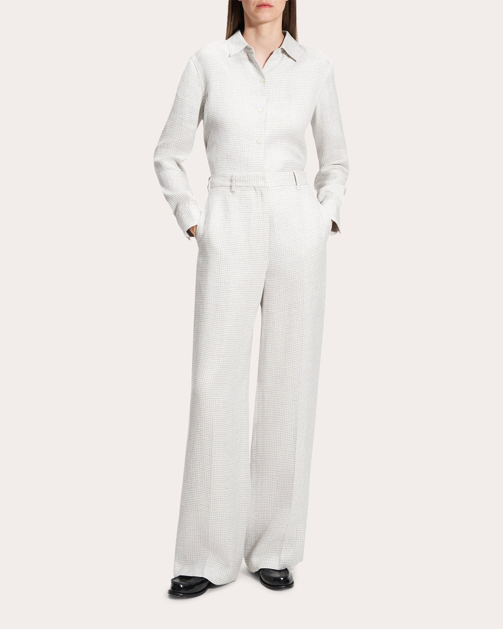 Houndstooth Linen Creased Straight-Leg Trousers