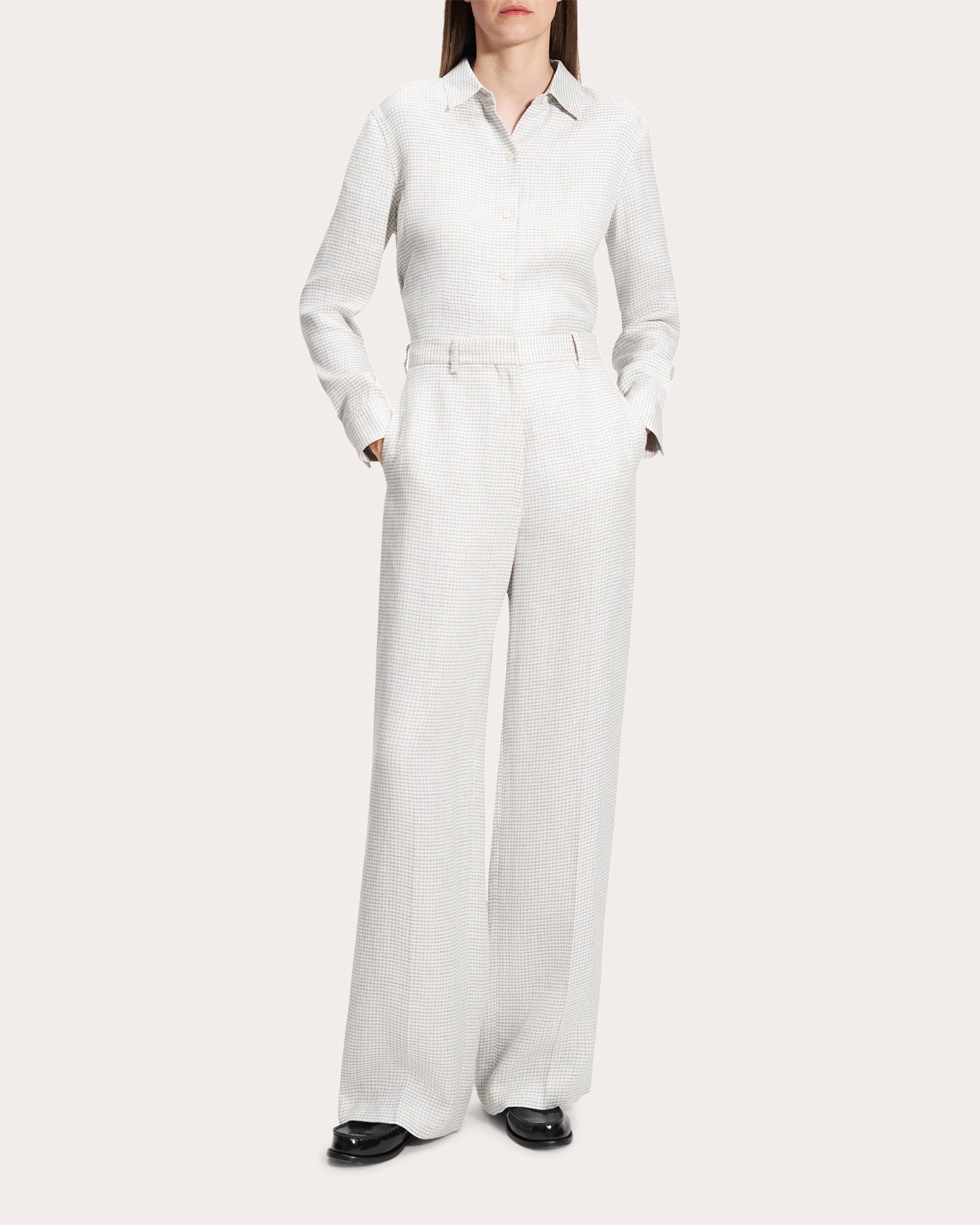 Houndstooth Linen Creased Straight-Leg Trousers