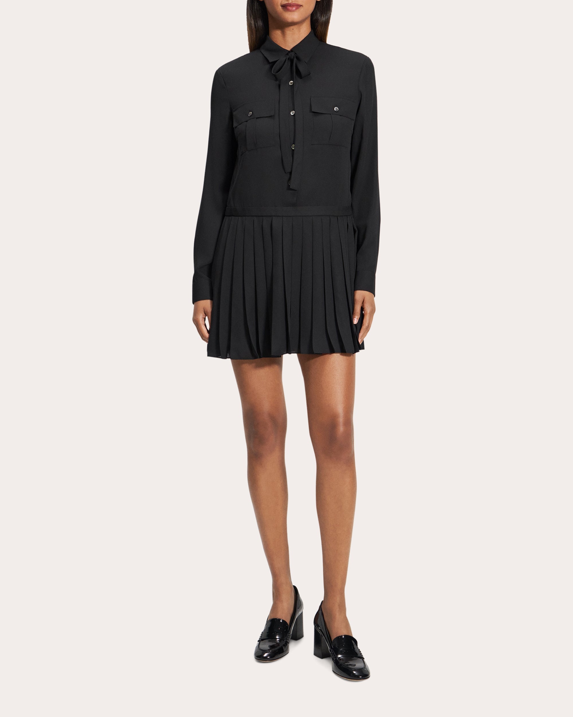 Long-Sleeve Pleated Mini Shirt Dress