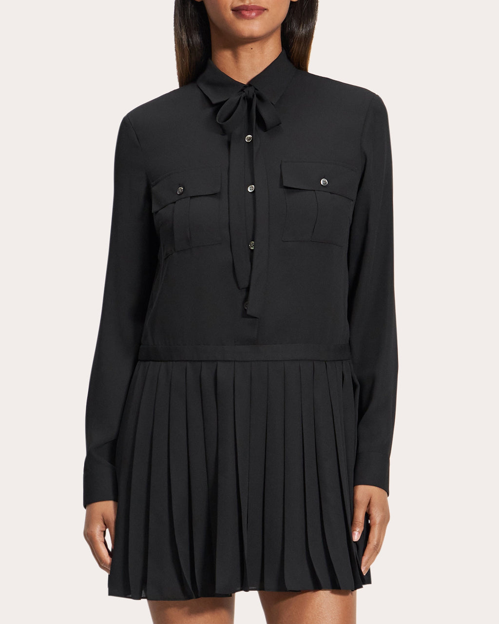 Long-Sleeve Pleated Mini Shirt Dress