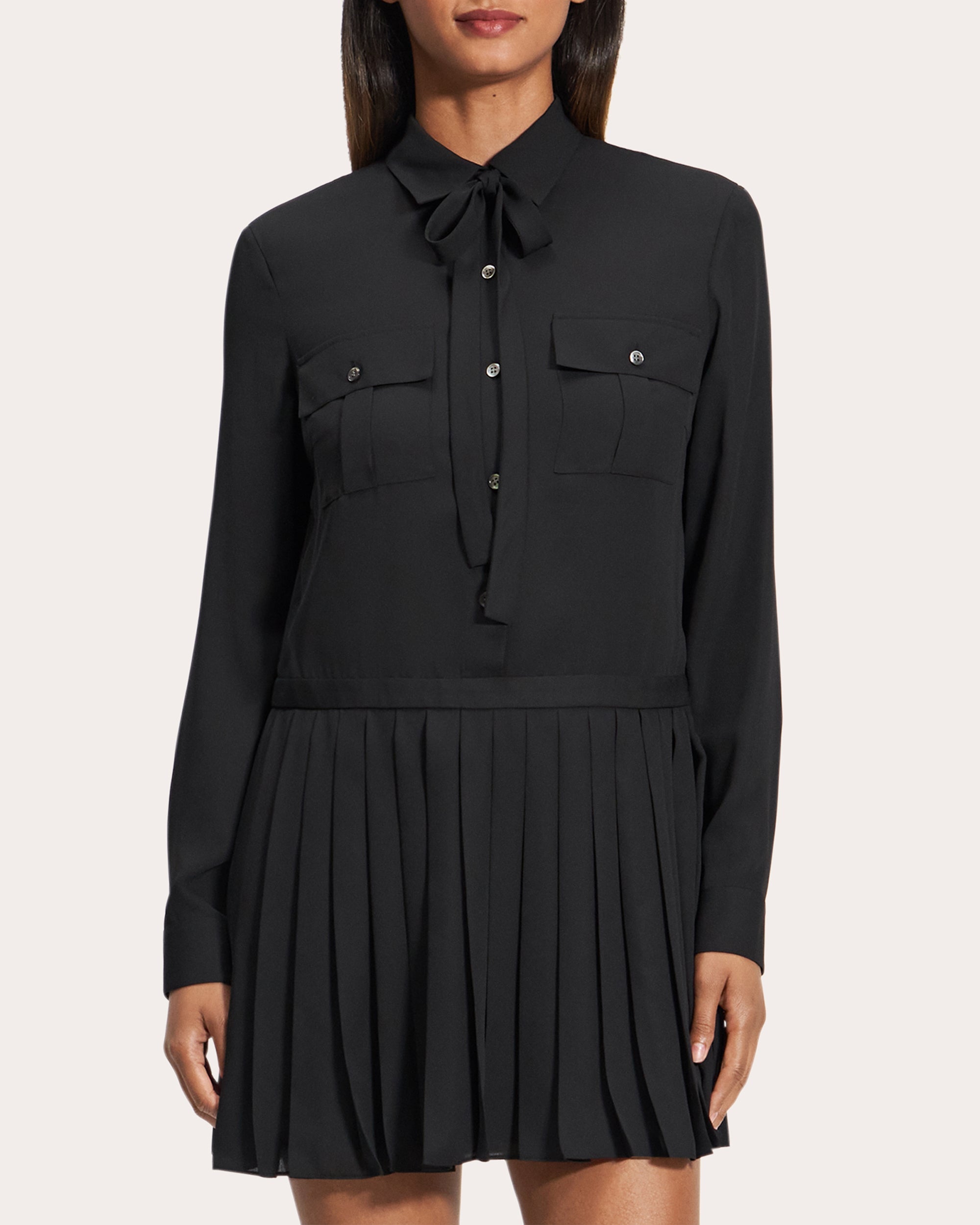 Long-Sleeve Pleated Mini Shirt Dress