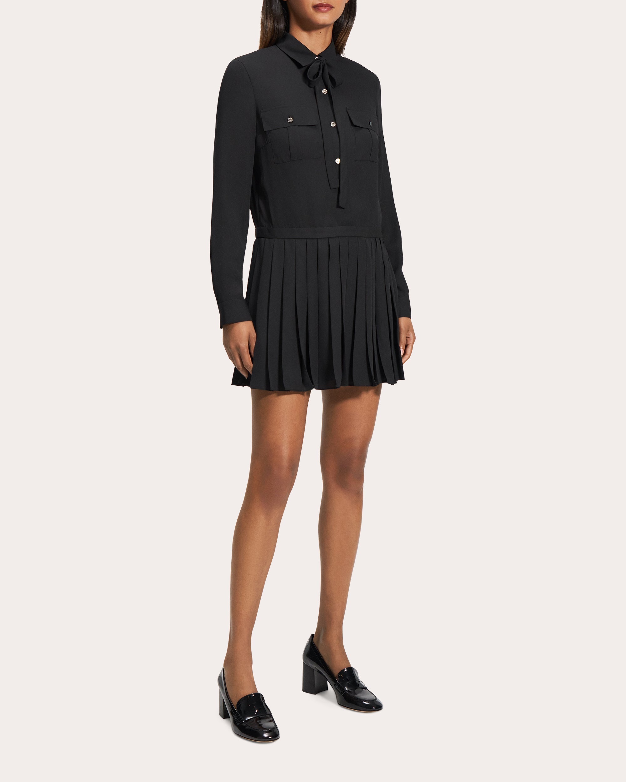 Long-Sleeve Pleated Mini Shirt Dress