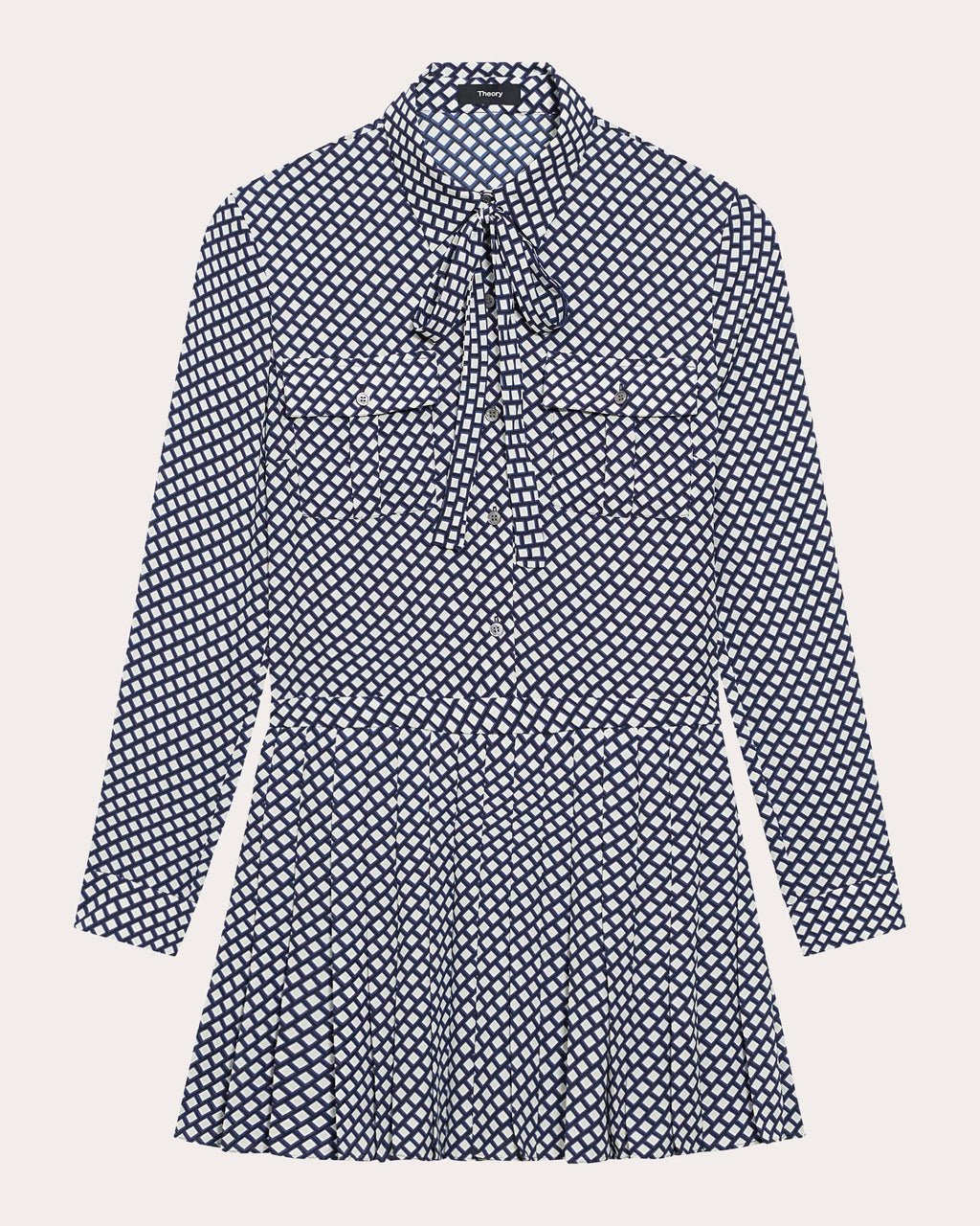 Geometric Long-Sleeve Pleated Mini Shirt Dress