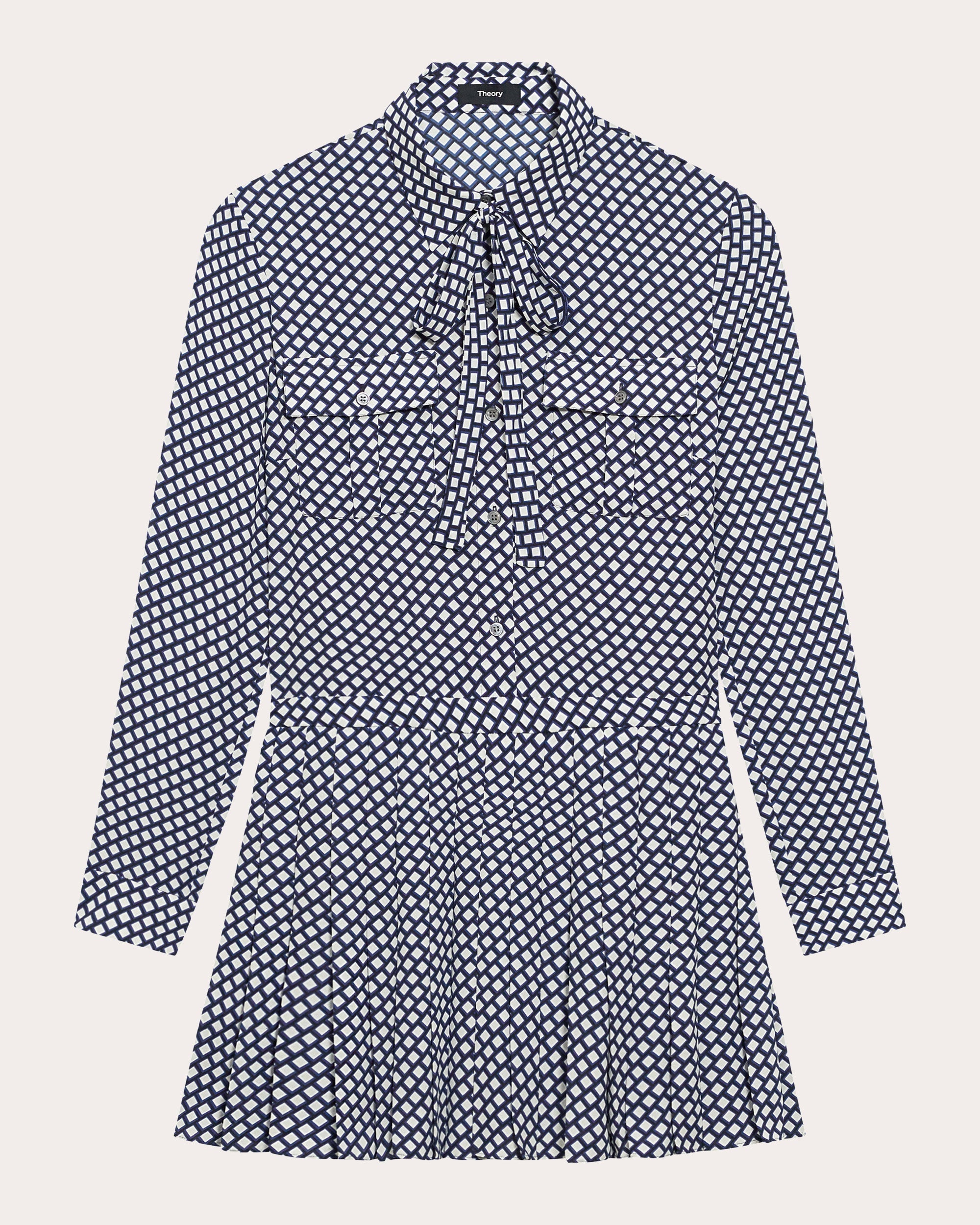Geometric Long-Sleeve Pleated Mini Shirt Dress