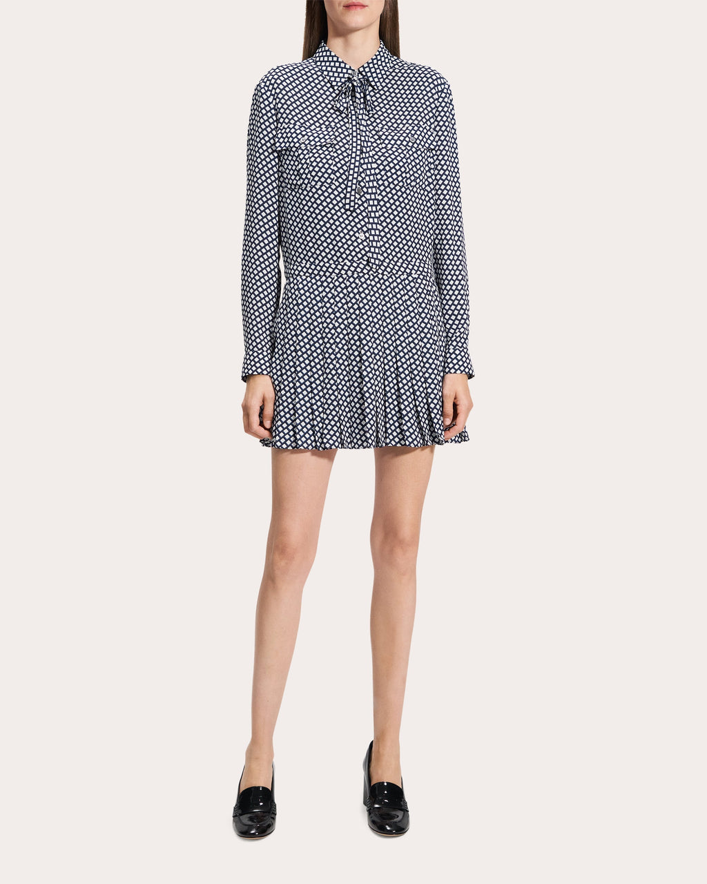Geometric Long-Sleeve Pleated Mini Shirt Dress