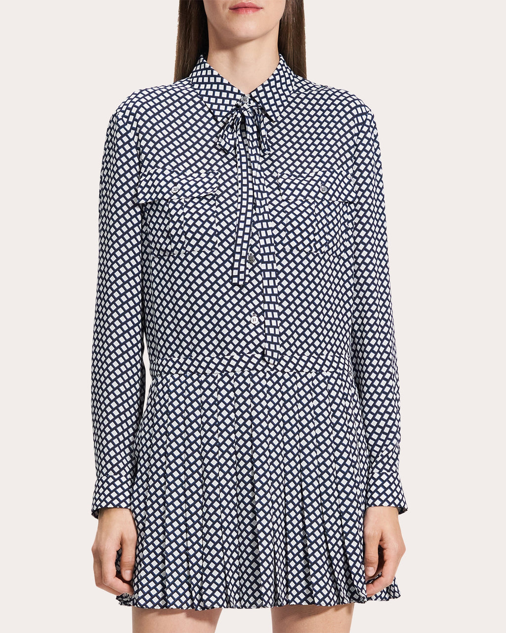 Geometric Long-Sleeve Pleated Mini Shirt Dress