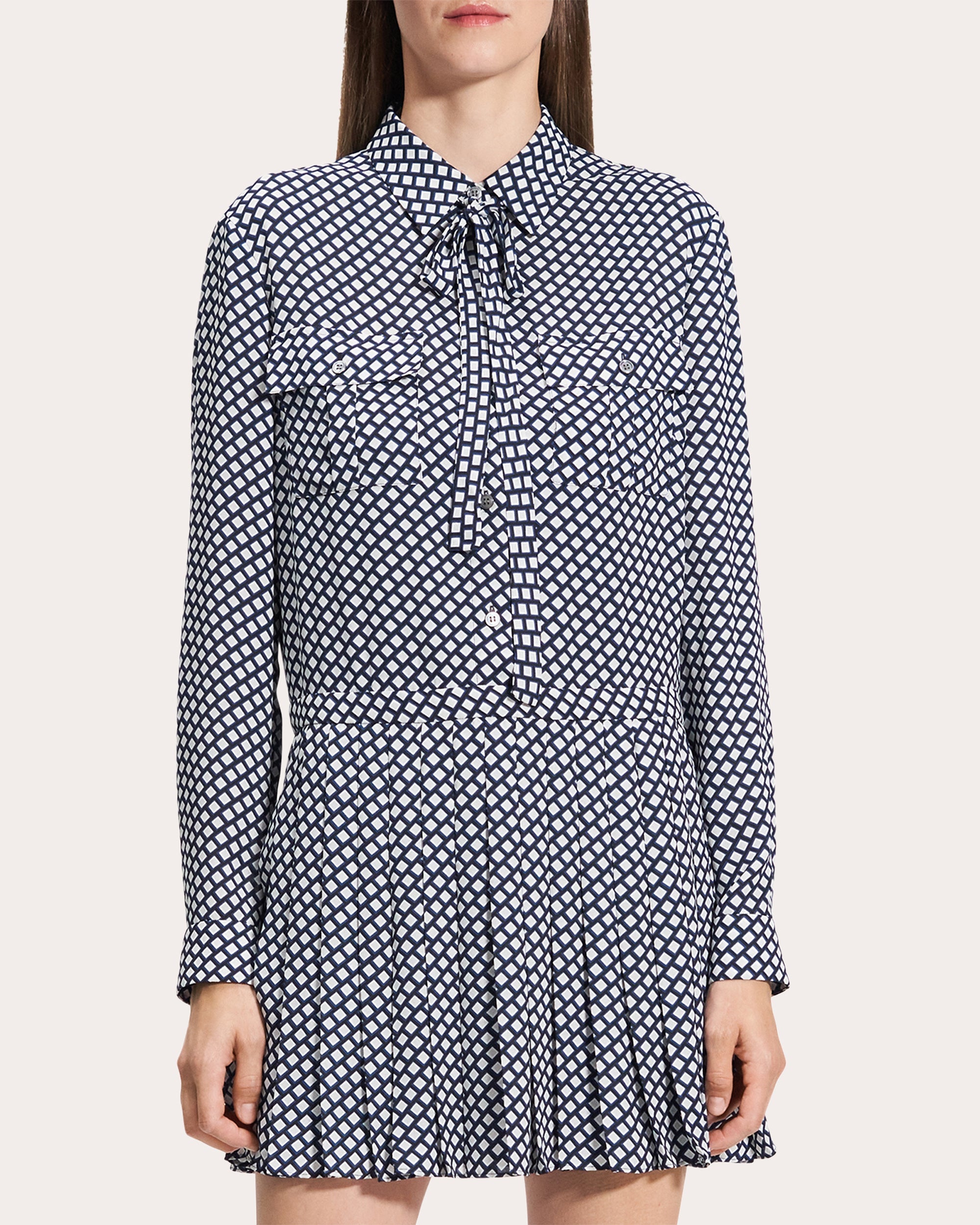 Geometric Long-Sleeve Pleated Mini Shirt Dress