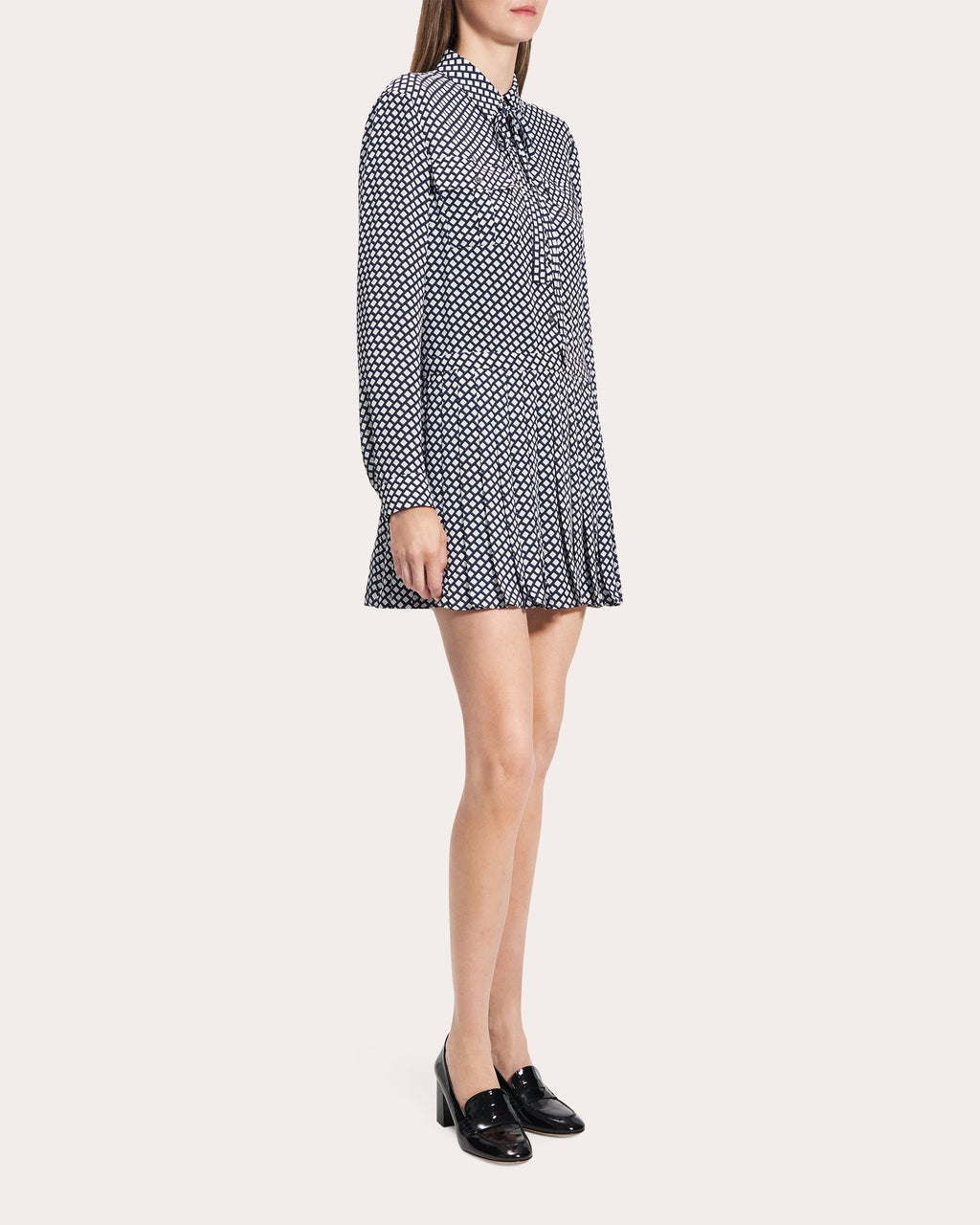 Geometric Long-Sleeve Pleated Mini Shirt Dress