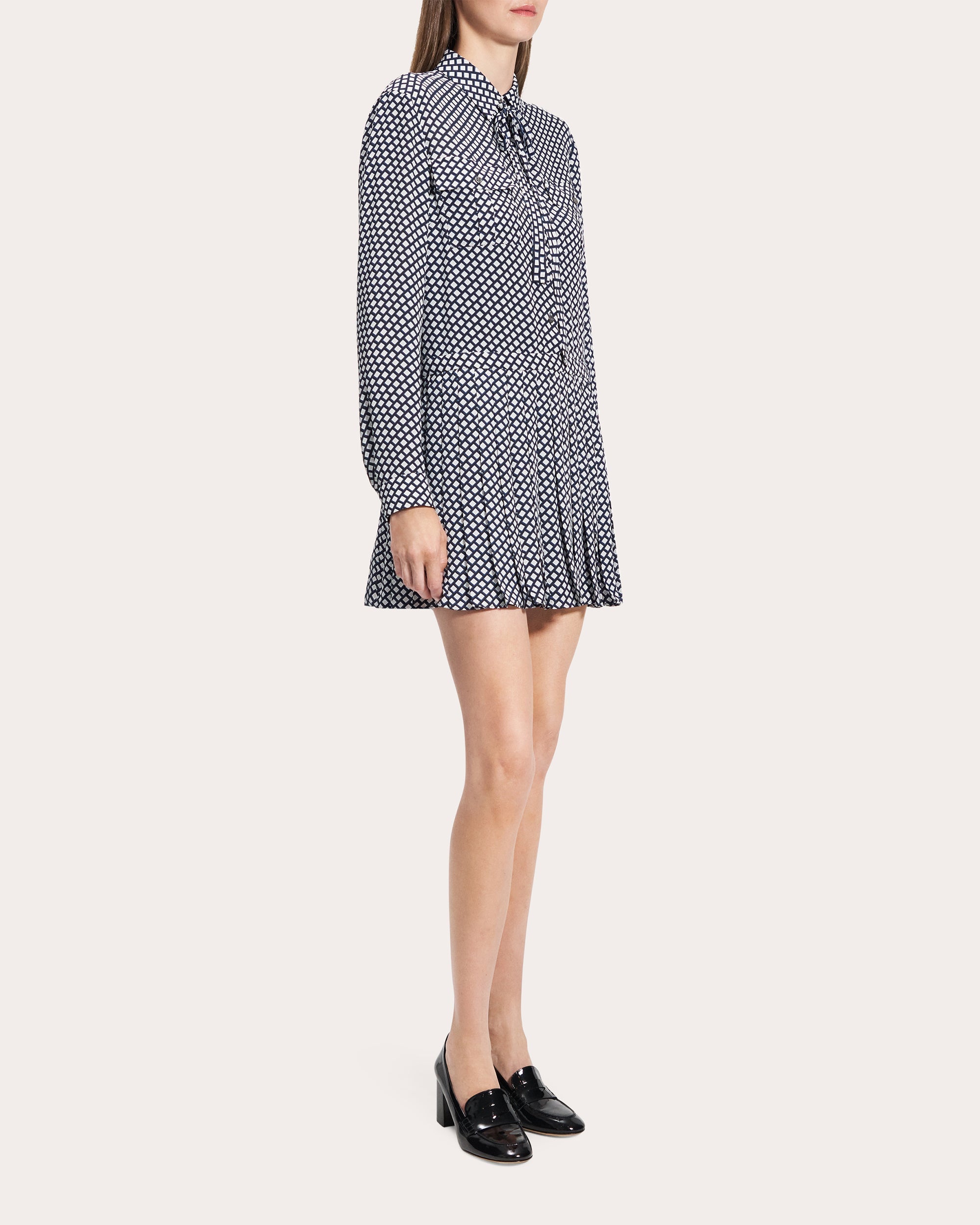 Geometric Long-Sleeve Pleated Mini Shirt Dress