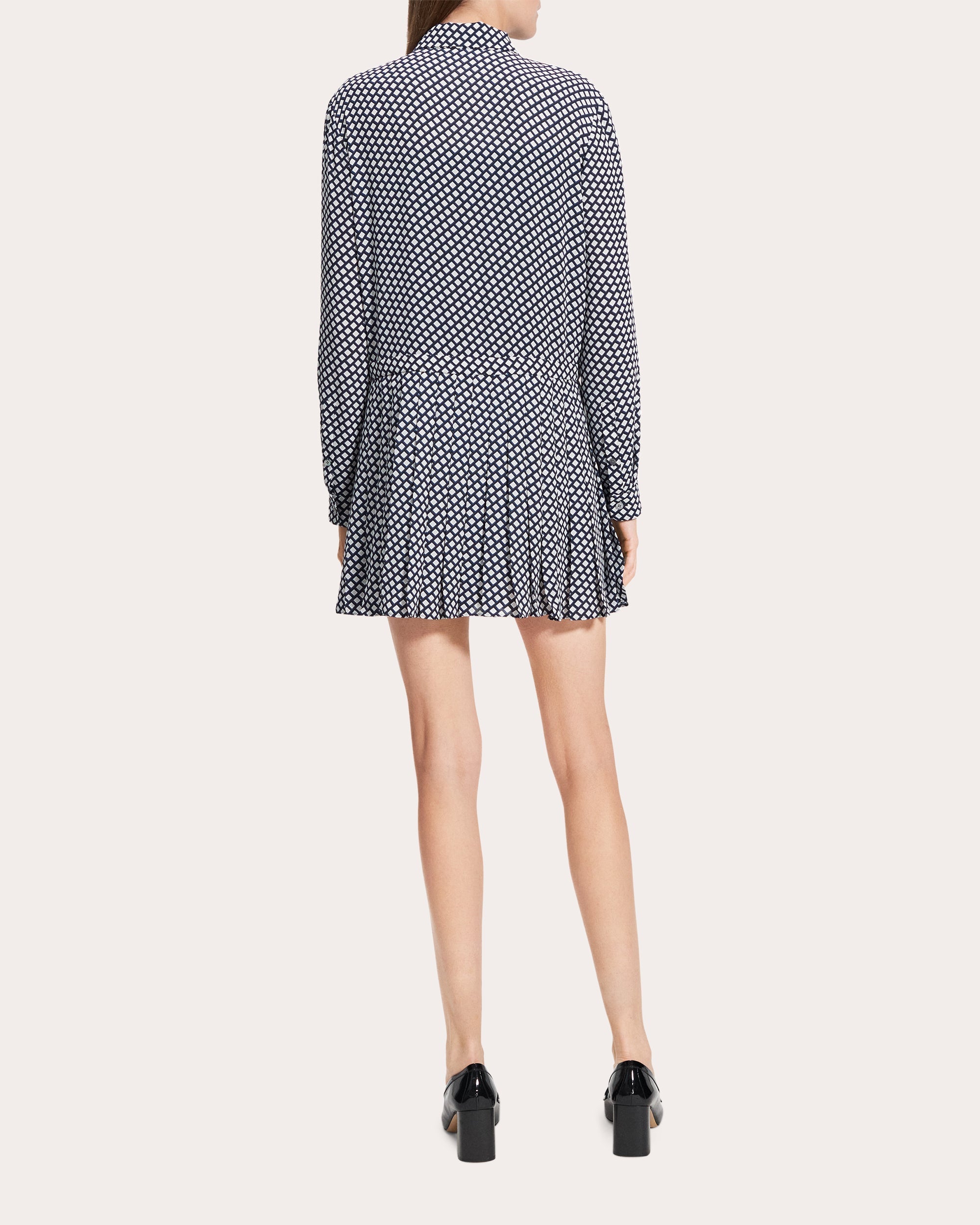 Geometric Long-Sleeve Pleated Mini Shirt Dress