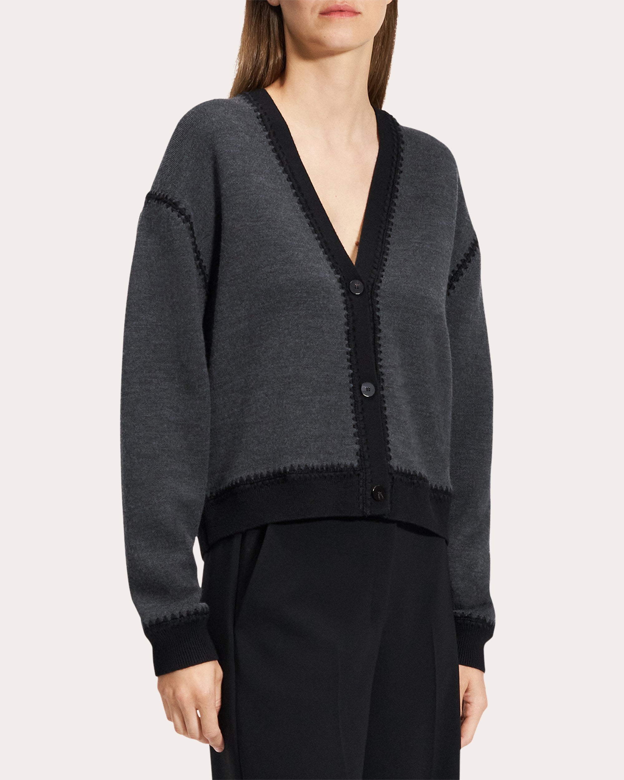 Merino Wool Blanket Stitch Button-Up Cardigan