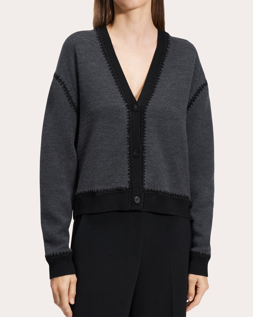 Merino Wool Blanket Stitch Button-Up Cardigan