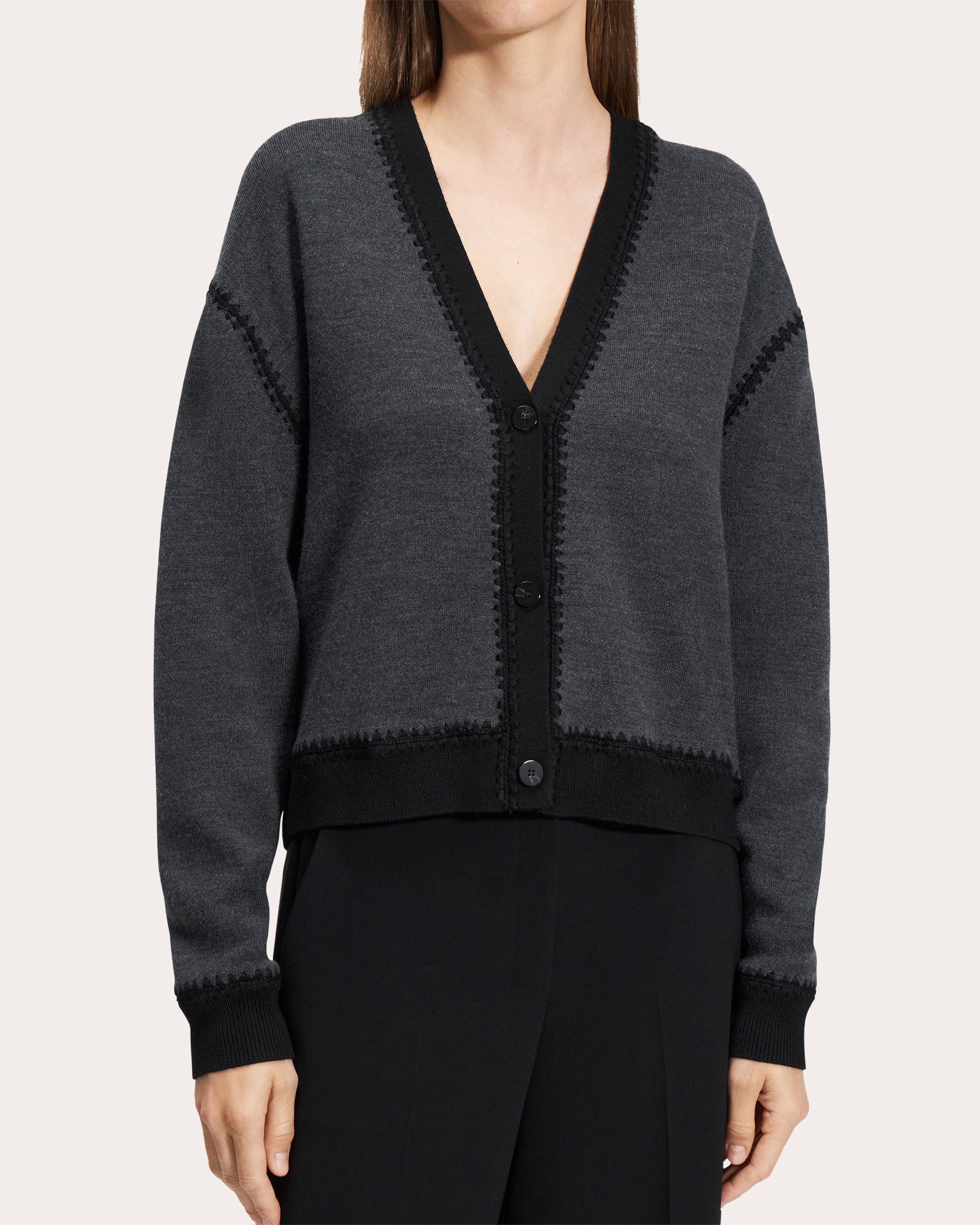 Merino Wool Blanket Stitch Button-Up Cardigan