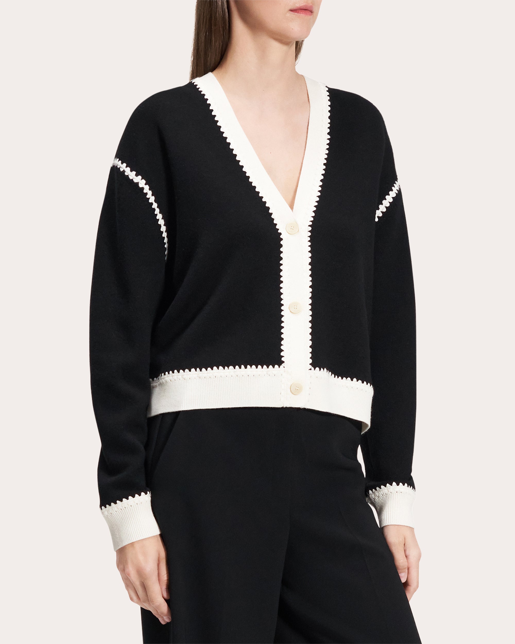 Merino Wool Blanket Stitch Button-Up Cardigan