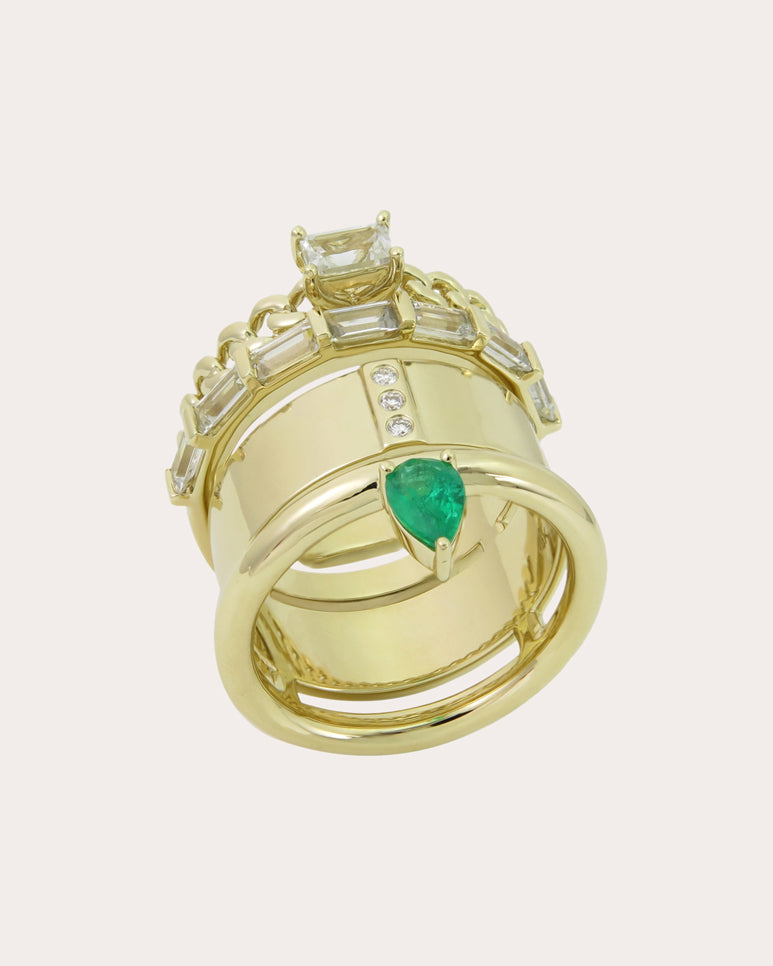 Type Stack 14K Gold Sapphire Emerald and Diamond Ring