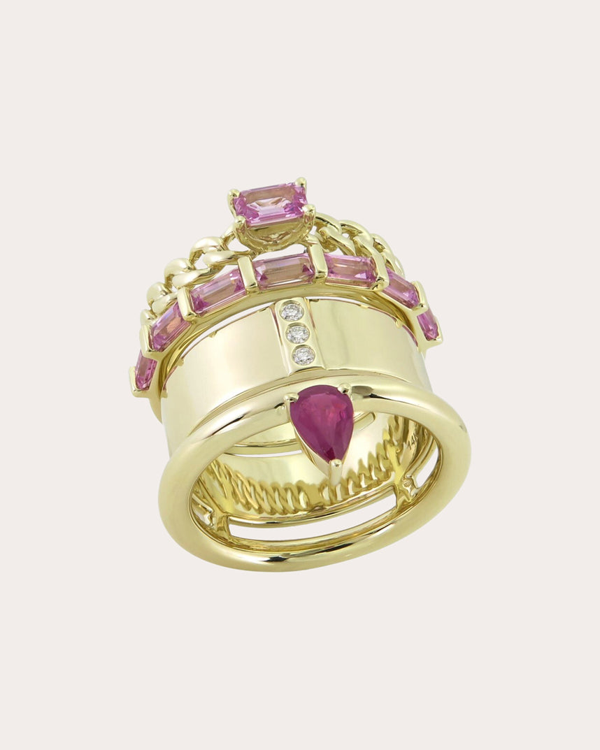 Type Stack 14K Gold Pink Sapphire Ruby and Diamond Ring