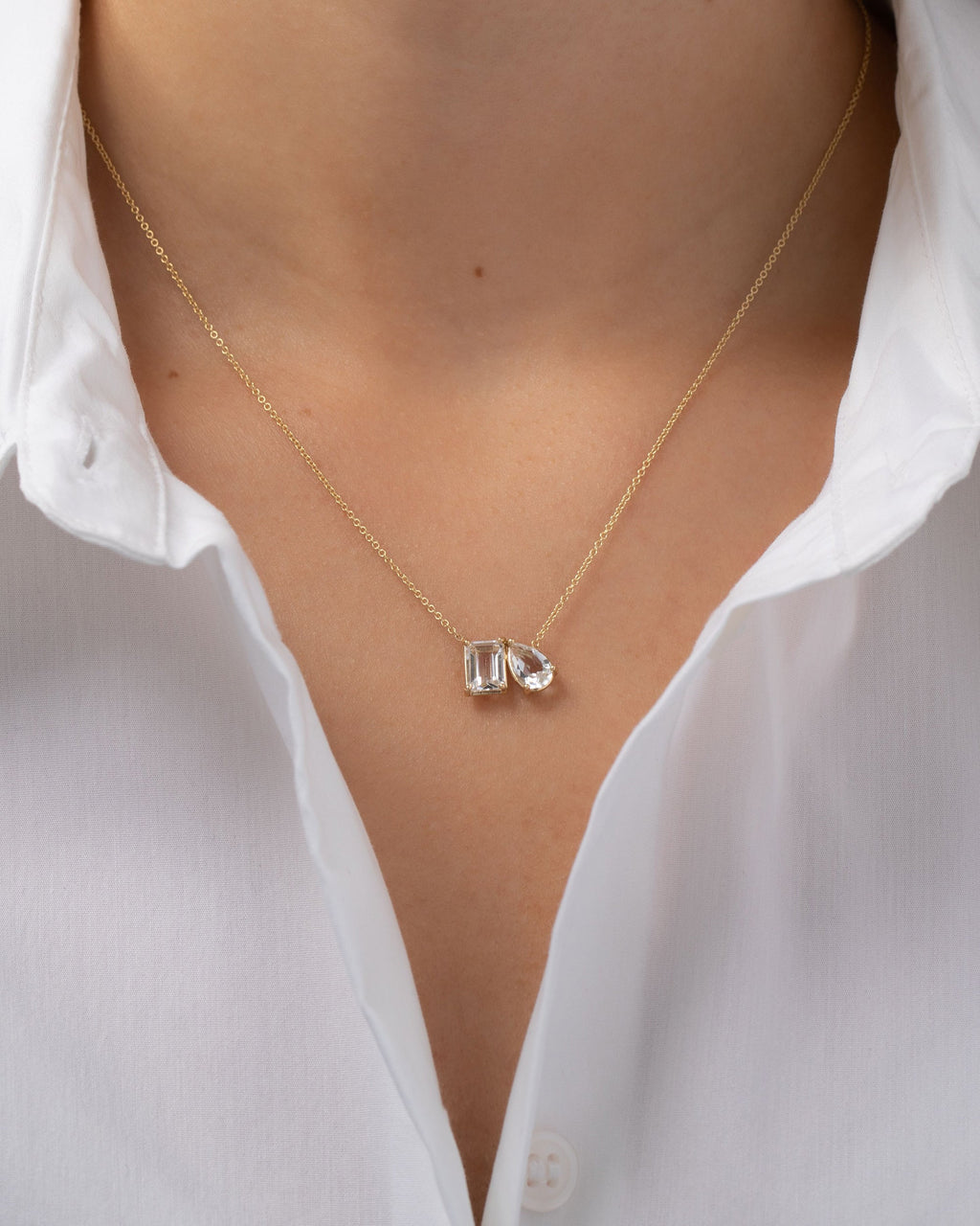 Toi et Moi 14K Gold White Topaz Pendant Necklace
