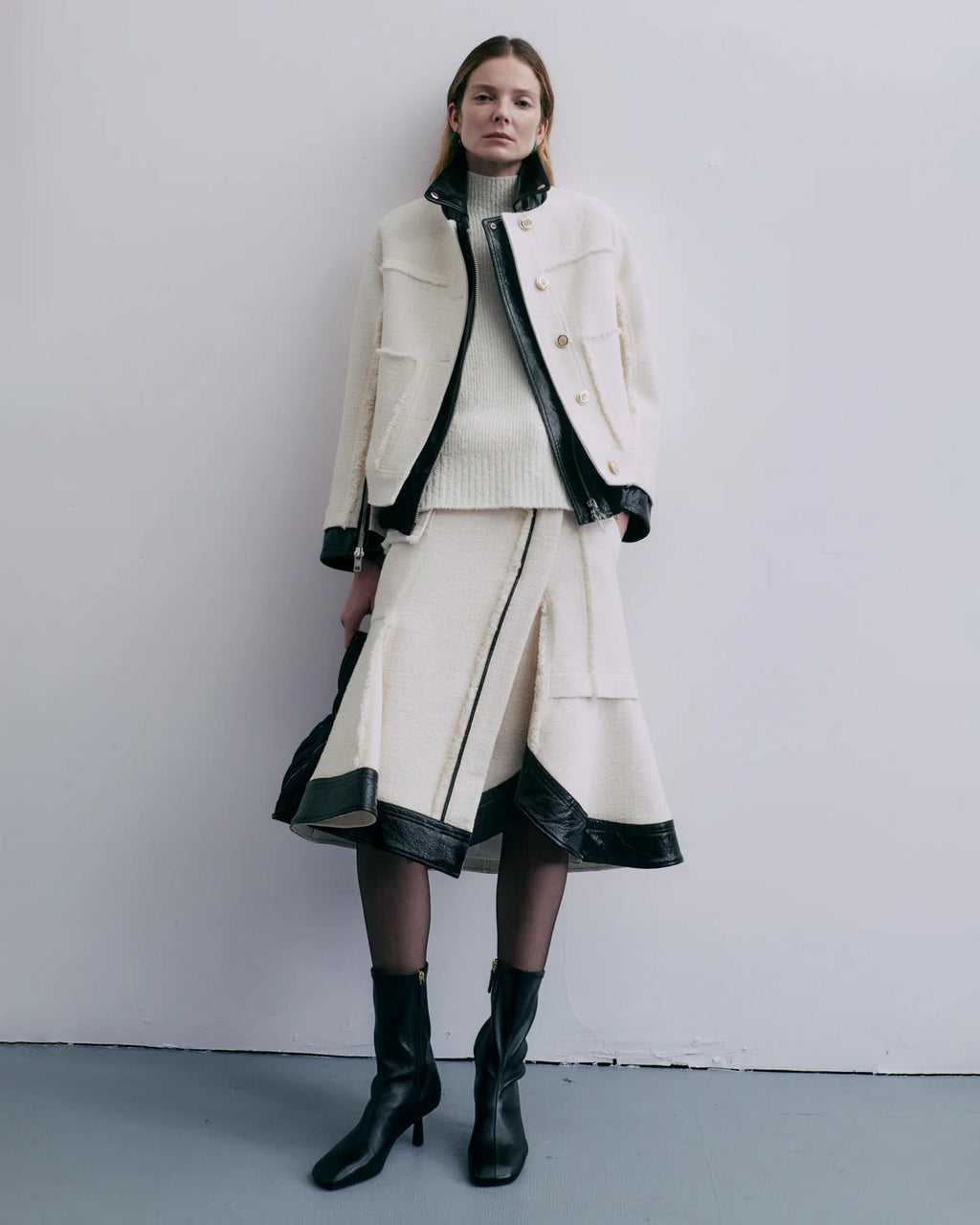 Belted Faux Leather-Trim Tweed Skirt