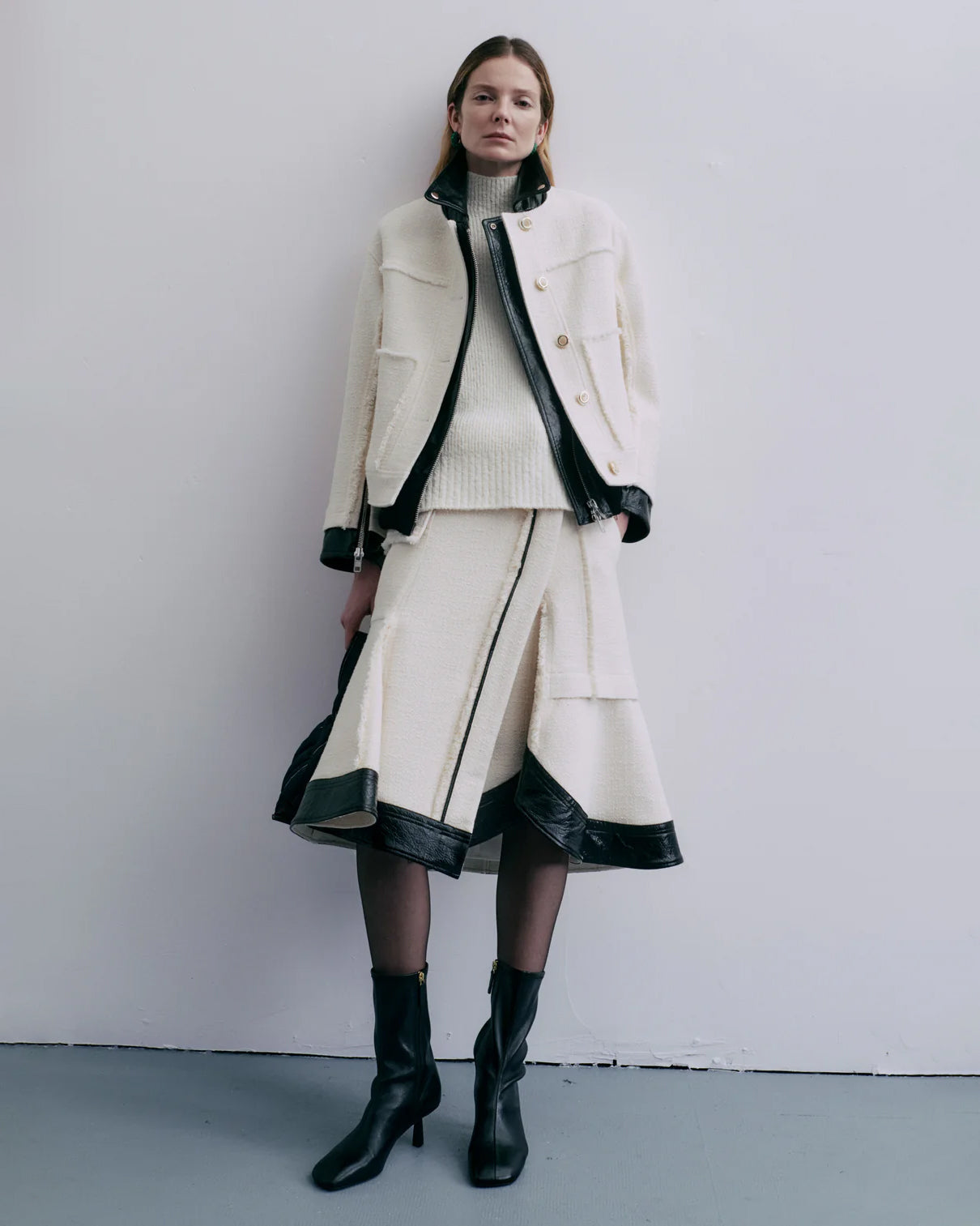 Layered Faux Leather-Trim Tweed Jacket