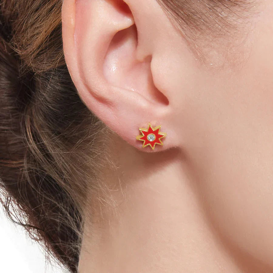 18K Gold Red Enamel and Diamond Twinkle Star Earrings