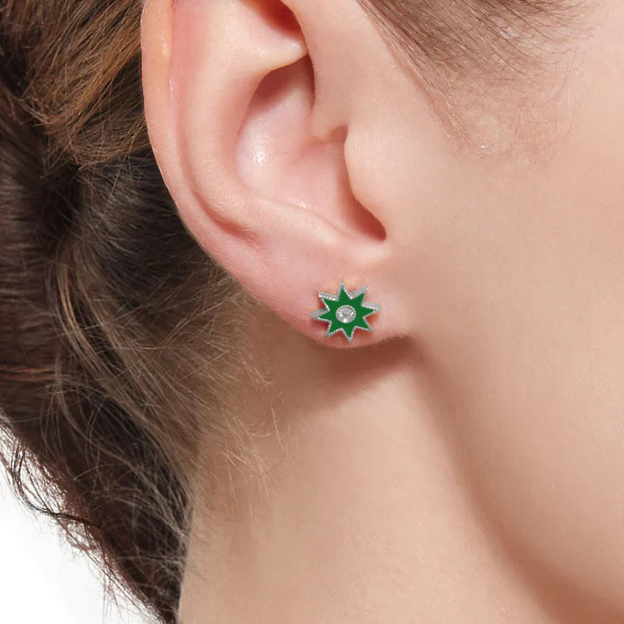 18K Gold Green Enamel and Diamond Twinkle Star Earrings